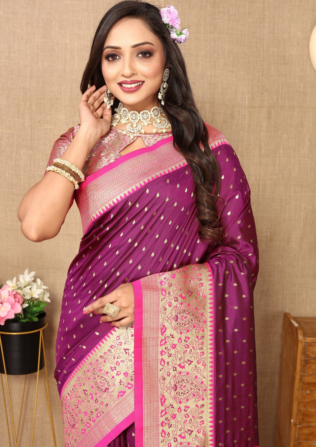 Vedant Vastram Purple Color Kanjeevaram Silk Saree - Purple