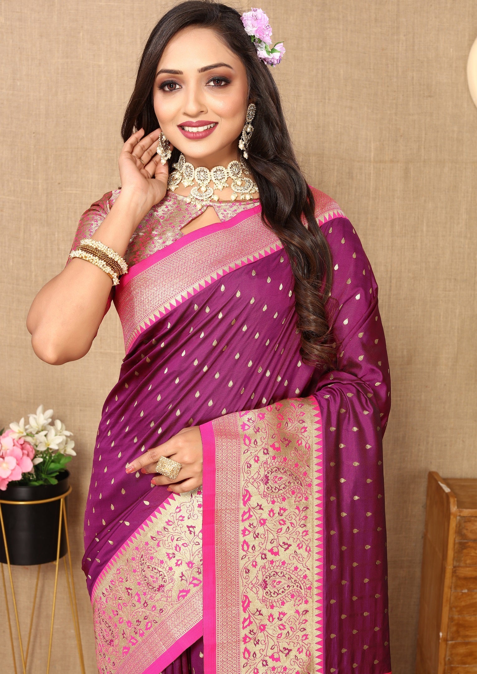 Vedant Vastram Purple Color Kanjeevaram Silk Saree - Purple
