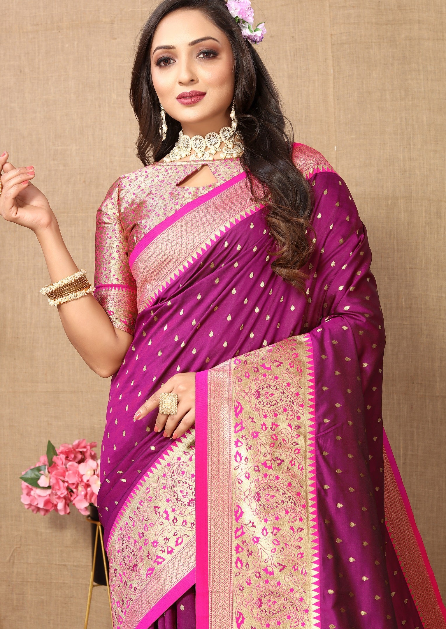 Vedant Vastram Purple Color Kanjeevaram Silk Saree - Purple