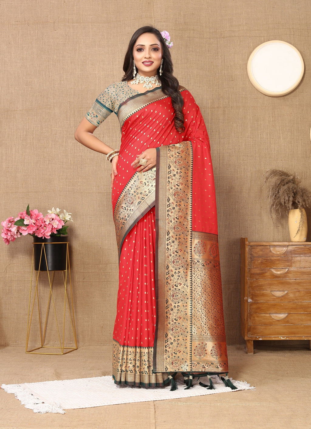 Vedant Vastram Red Color Kanjeevaram Silk Saree - Red