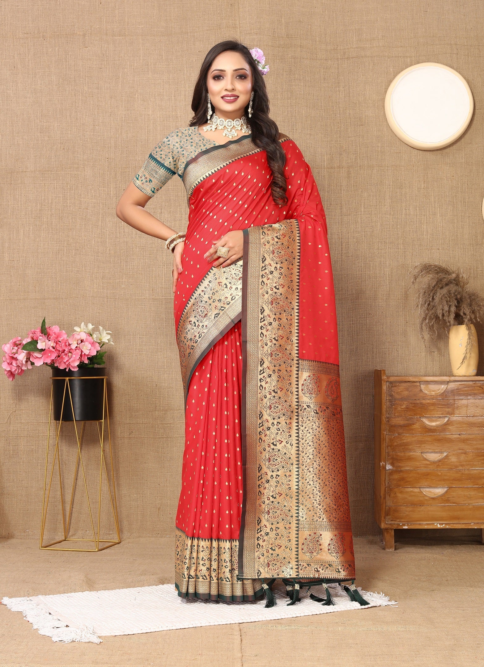 Vedant Vastram Red Color Kanjeevaram Silk Saree - Red