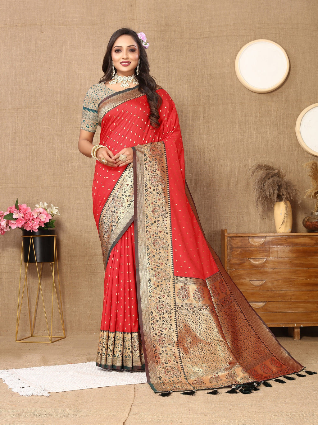Vedant Vastram Red Color Kanjeevaram Silk Saree - Red