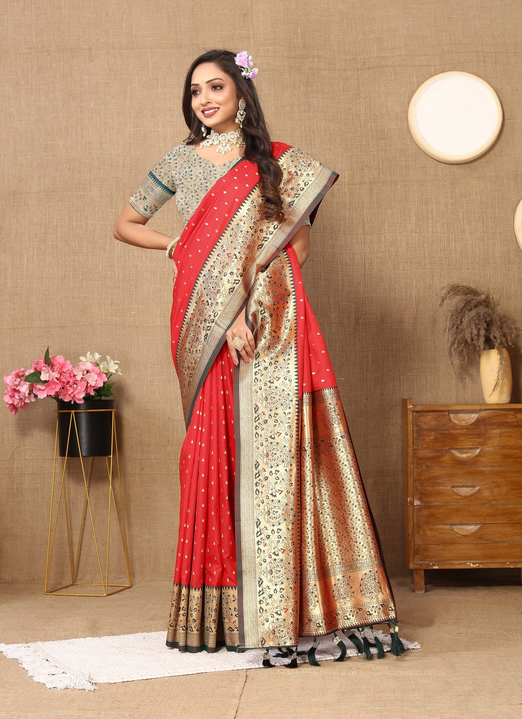 Vedant Vastram Red Color Kanjeevaram Silk Saree - Red