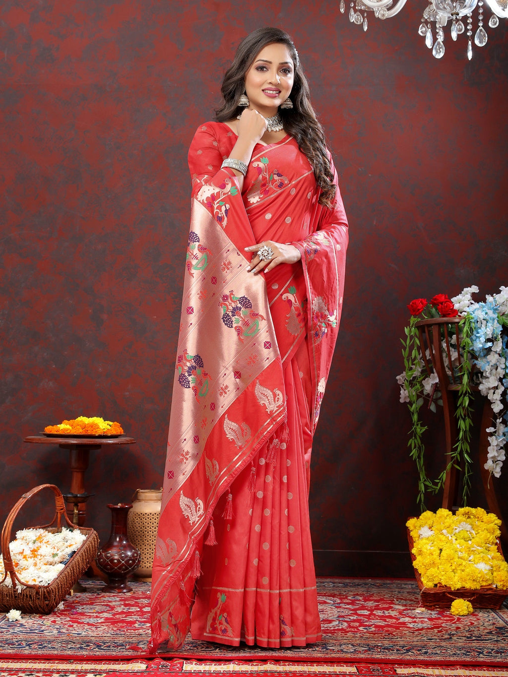 Vedant Vastram Red Color Paithani Silk Saree - Red
