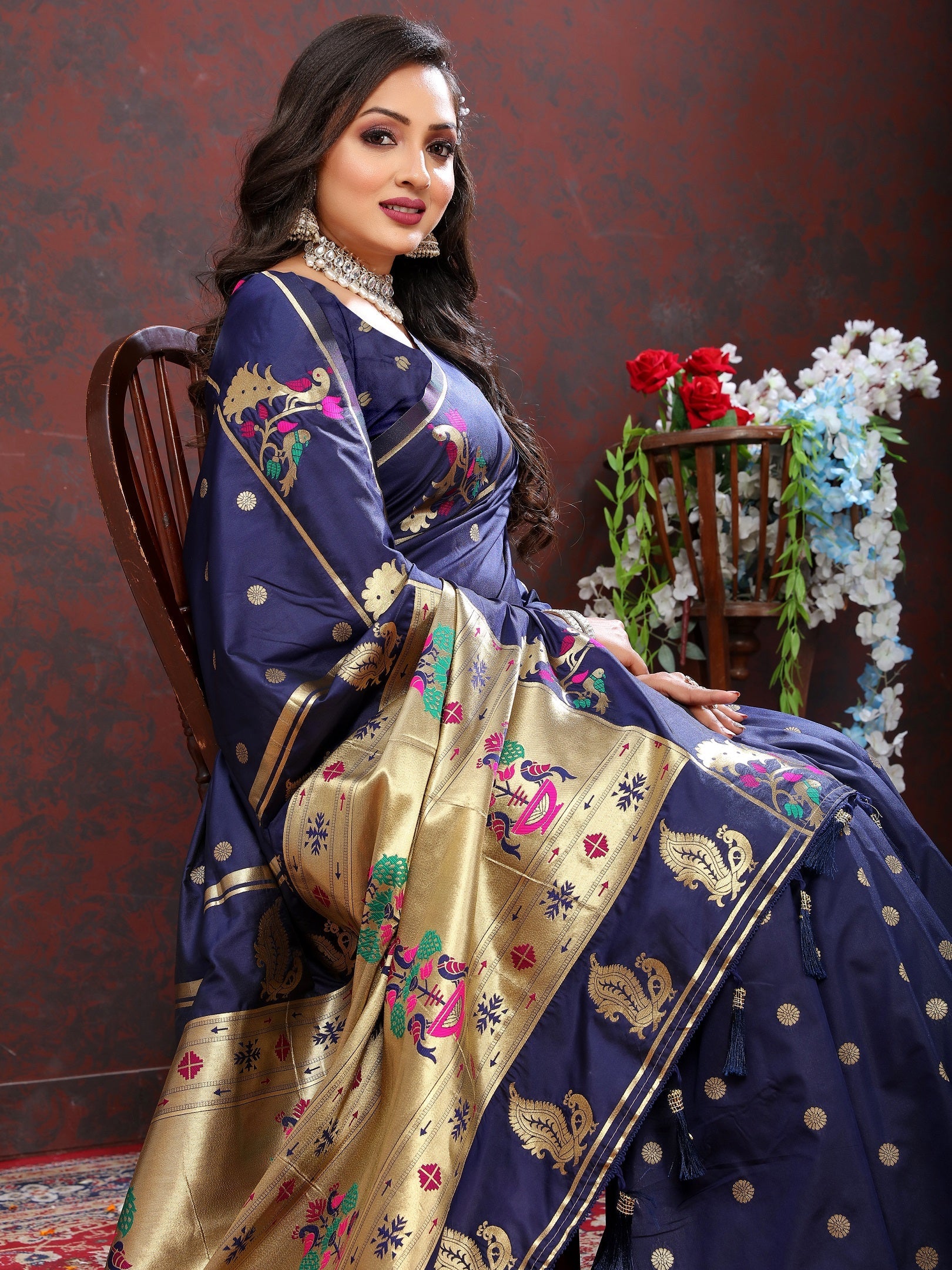 Vedant Vastram Navy Blue Color Paithani Silk Saree - Navy Blue