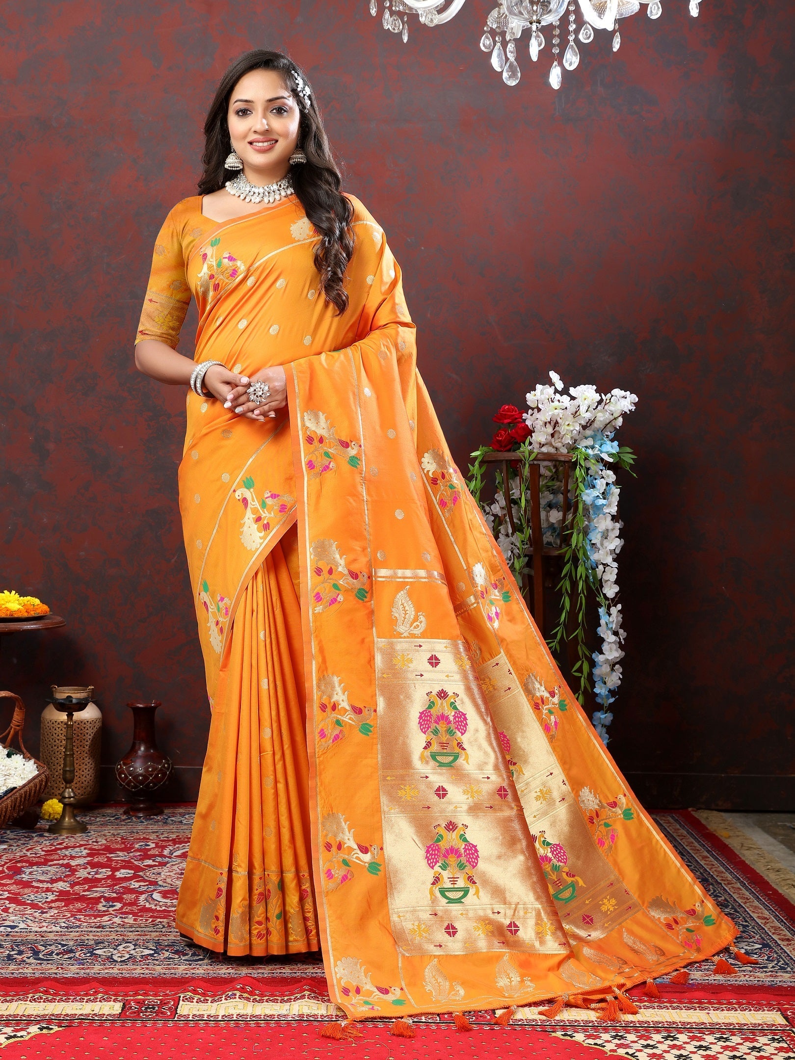 Vedant Vastram Orange Color Paithani Silk Saree - Orange