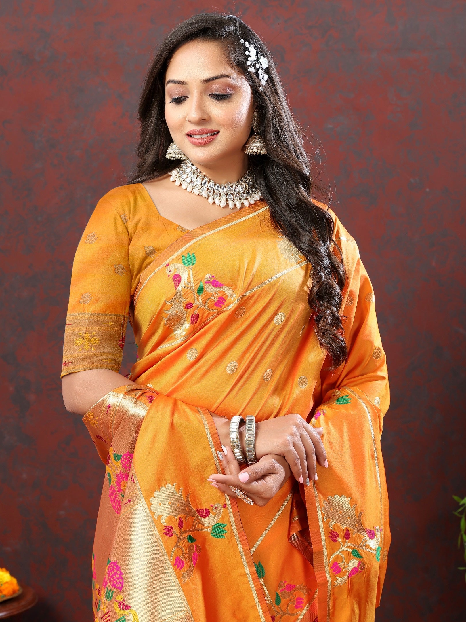 Vedant Vastram Orange Color Paithani Silk Saree - Orange