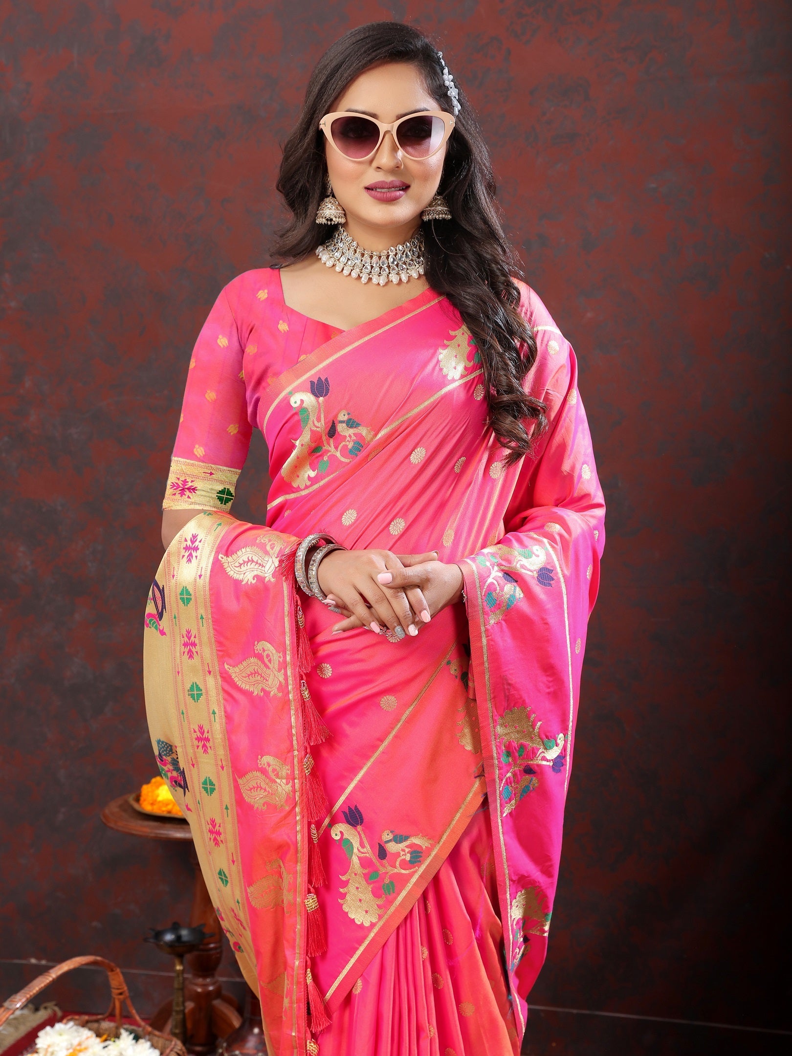 Vedant Vastram Pink Color Paithani Silk Saree - Pink