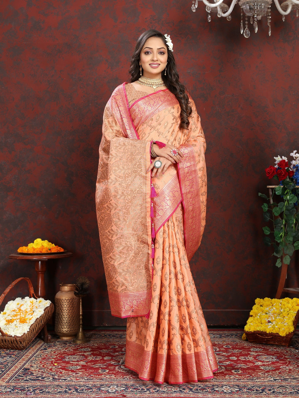 Vedant Vastram Peach Color Banarasi Silk Saree - Peach