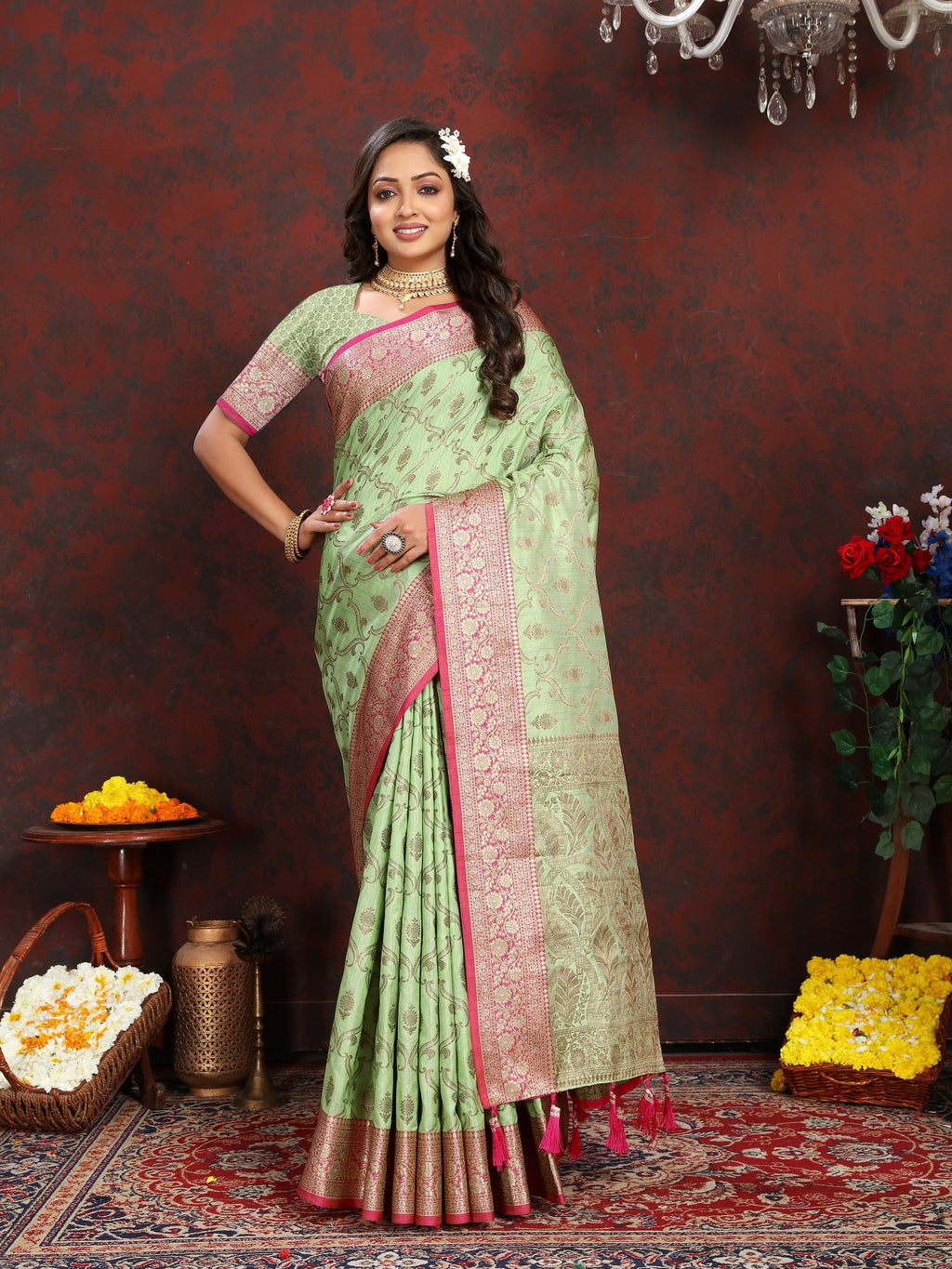 Vedant Vastram Pista Color Banarasi Silk Saree - Pista