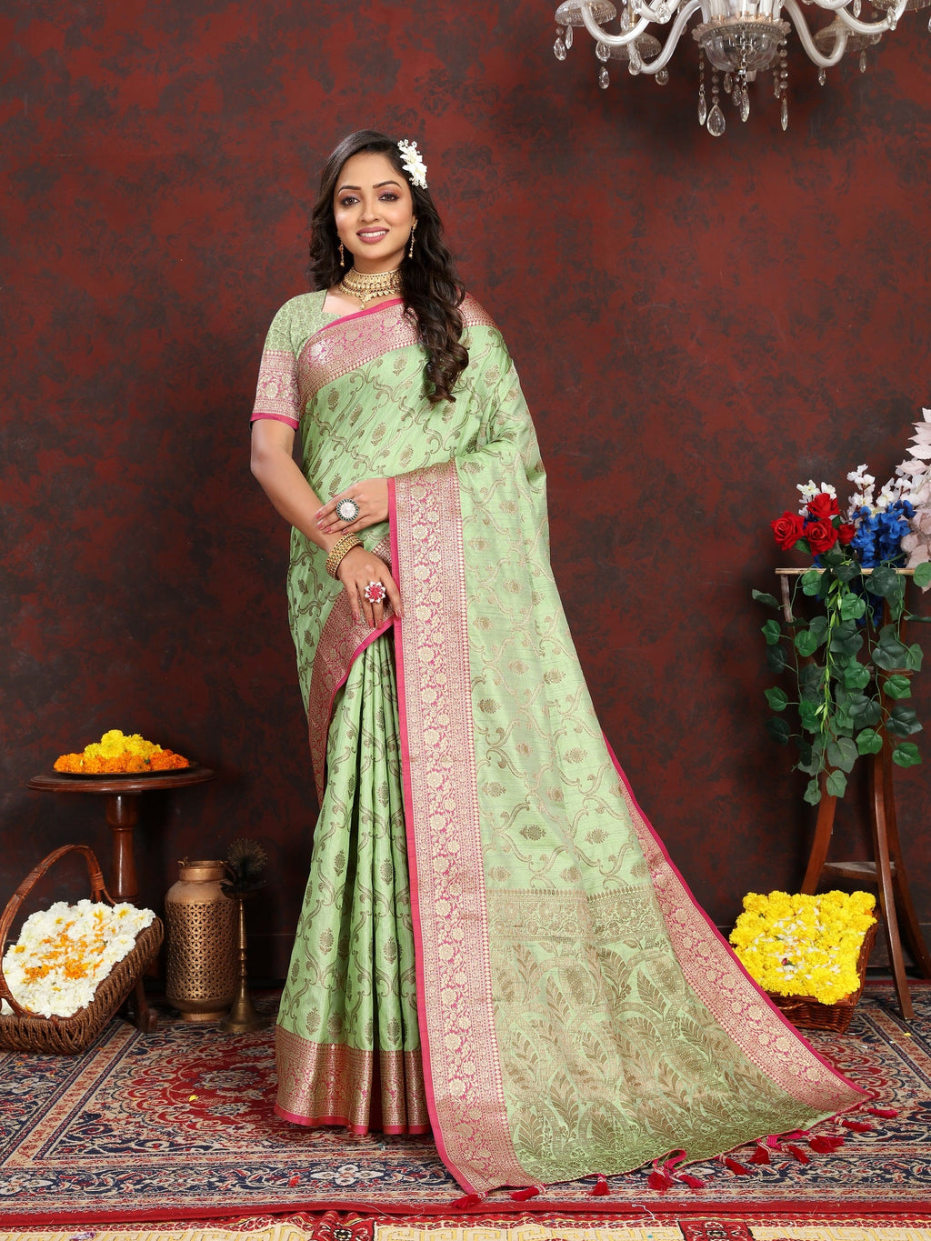 Vedant Vastram Pista Color Banarasi Silk Saree - Pista