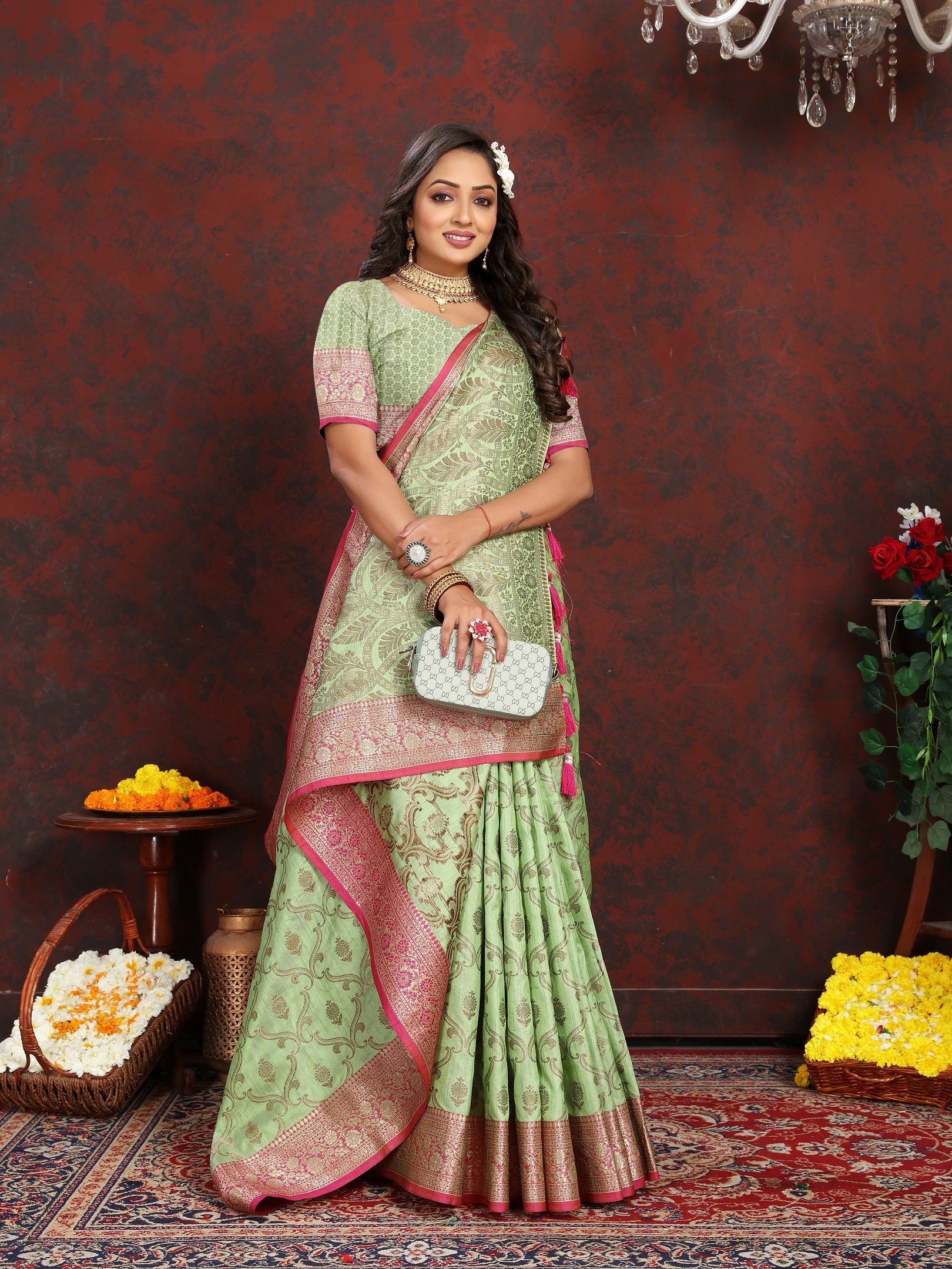 Vedant Vastram Pista Color Banarasi Silk Saree - Pista