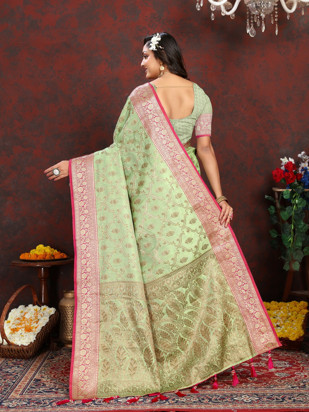 Vedant Vastram Pista Color Banarasi Silk Saree - Pista