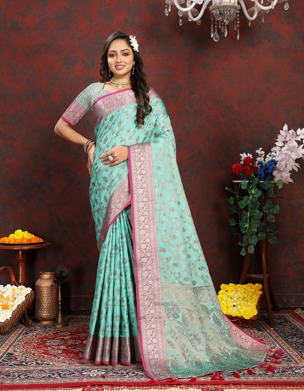 Vedant Vastram Turquoise Color Banarasi Silk Saree - Turquoise