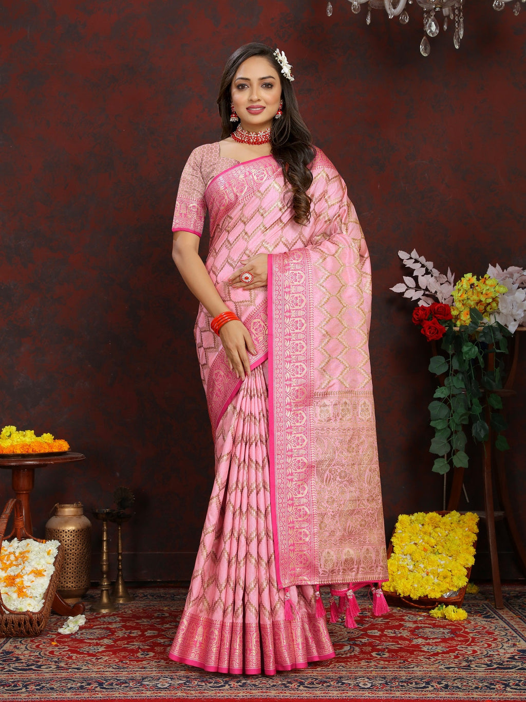 Vedant Vastram Baby Pink Color Banarasi Silk Saree - Baby Pink