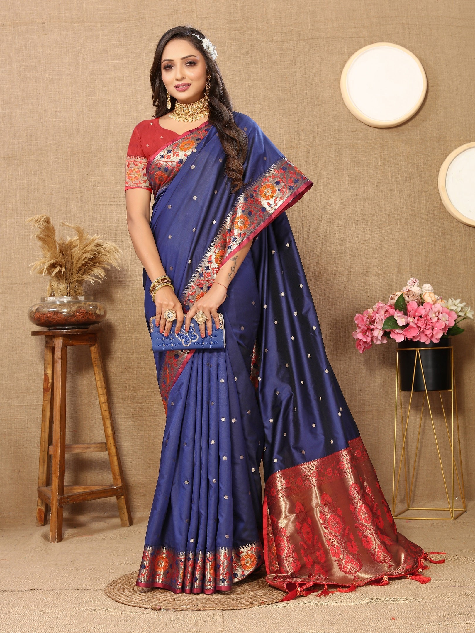 Vedant Vastram Navy Blue Color Paithani Silk Saree - Navy Blue