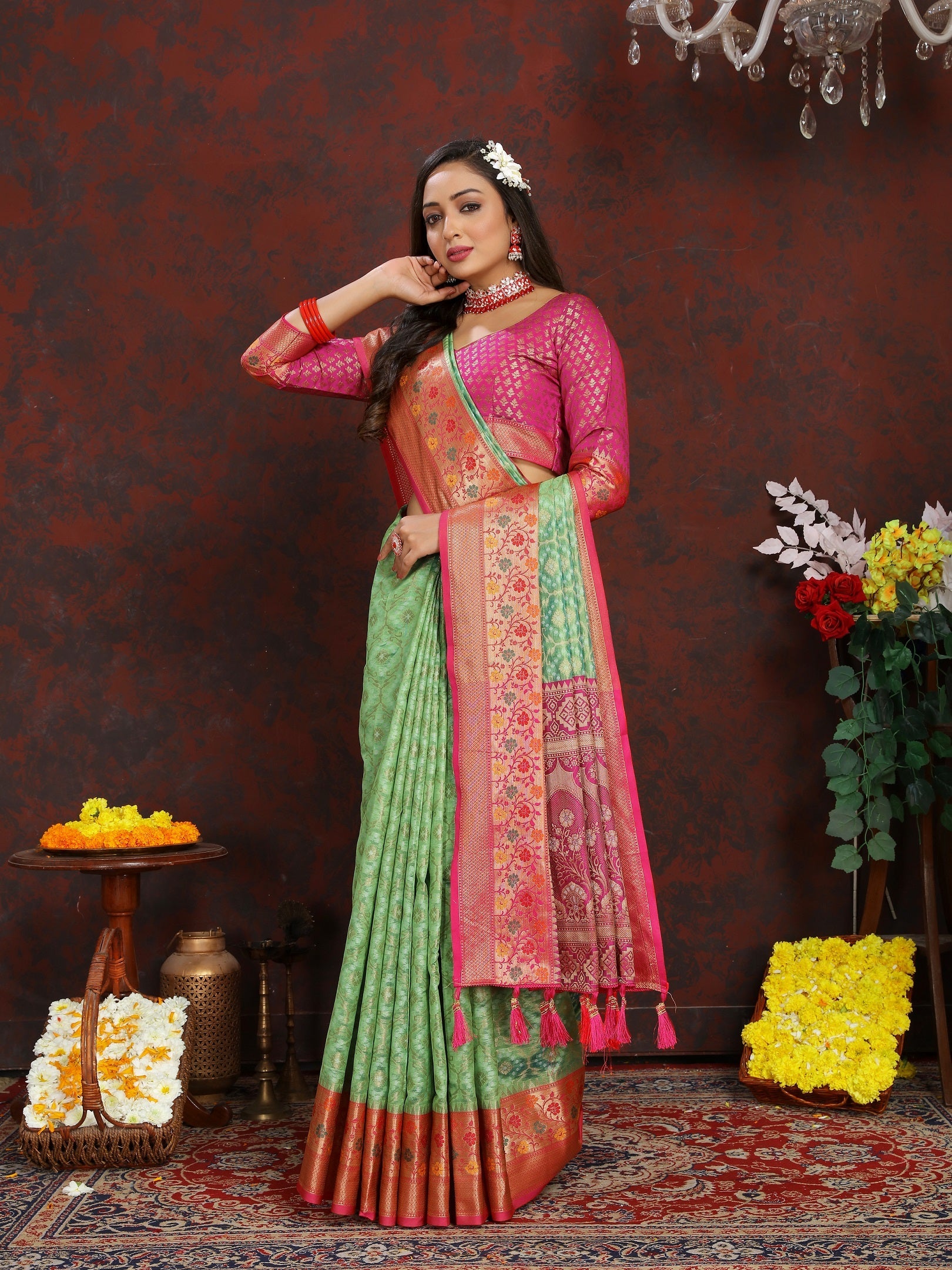 Vedant Vastram Parrot Color Kanjeevaram Organza Silk Saree - Parrot