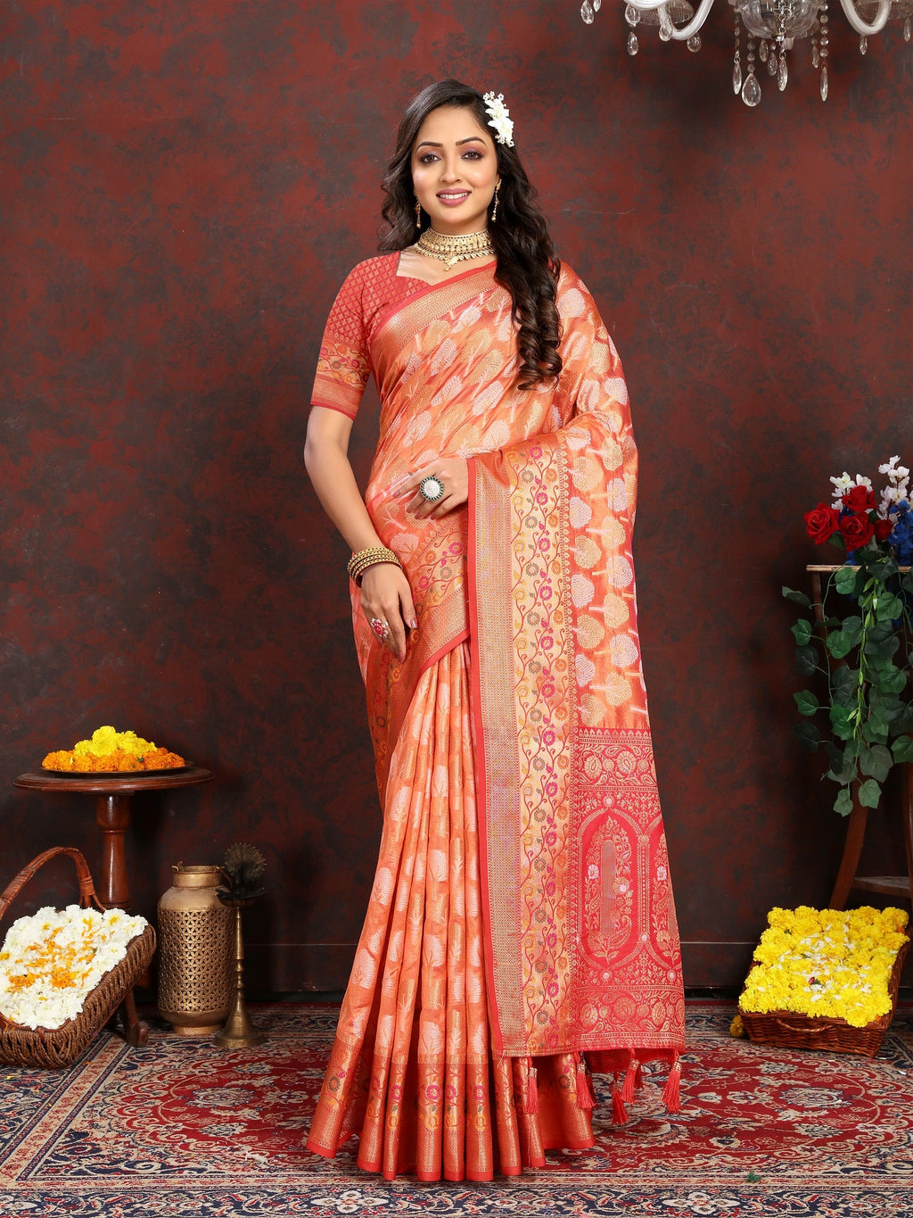 Vedant Vastram Orange Color Kanjeevaram Organza Silk Saree - Orange