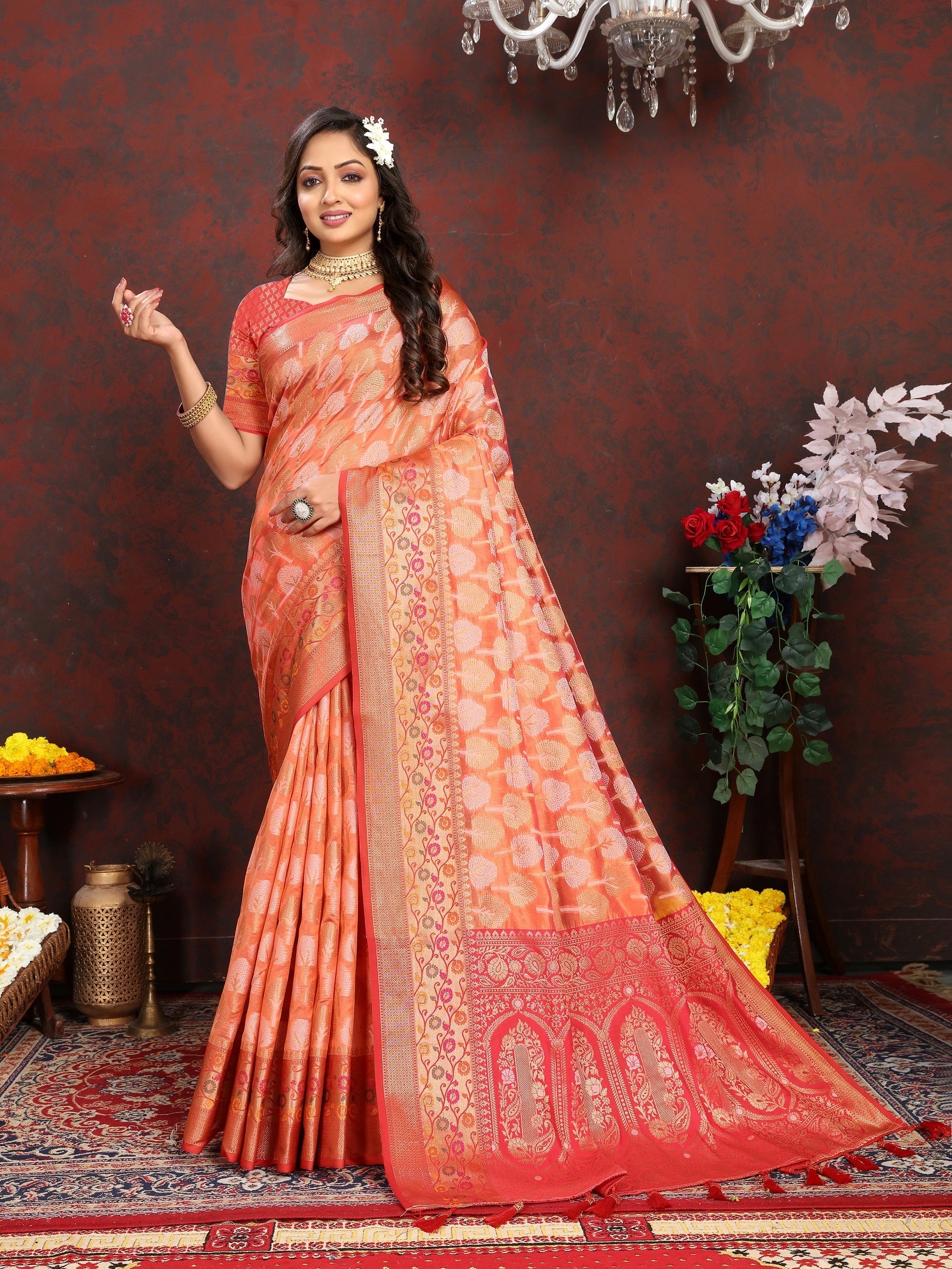 Vedant Vastram Orange Color Kanjeevaram Organza Silk Saree - Orange