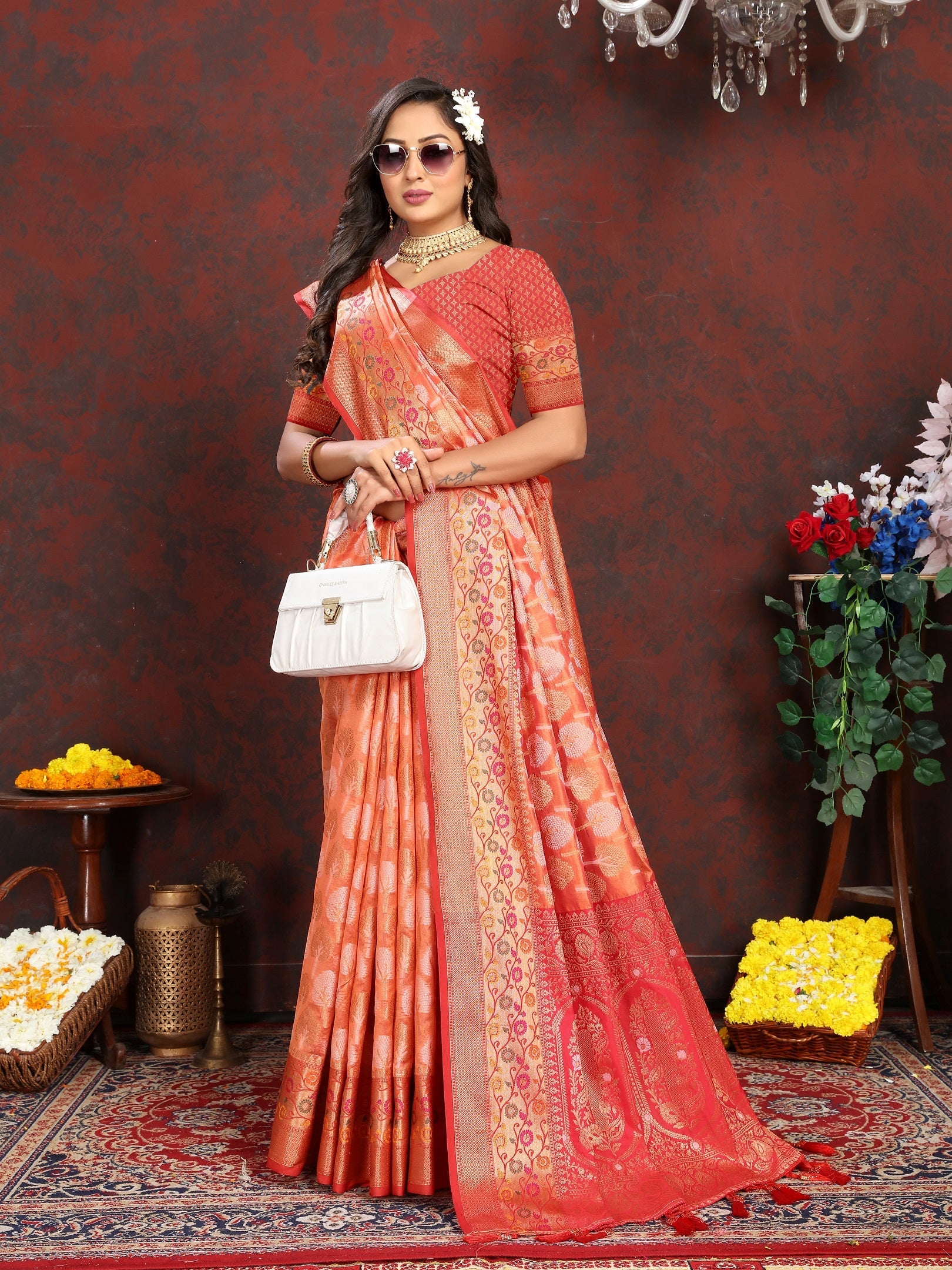 Vedant Vastram Orange Color Kanjeevaram Organza Silk Saree - Orange