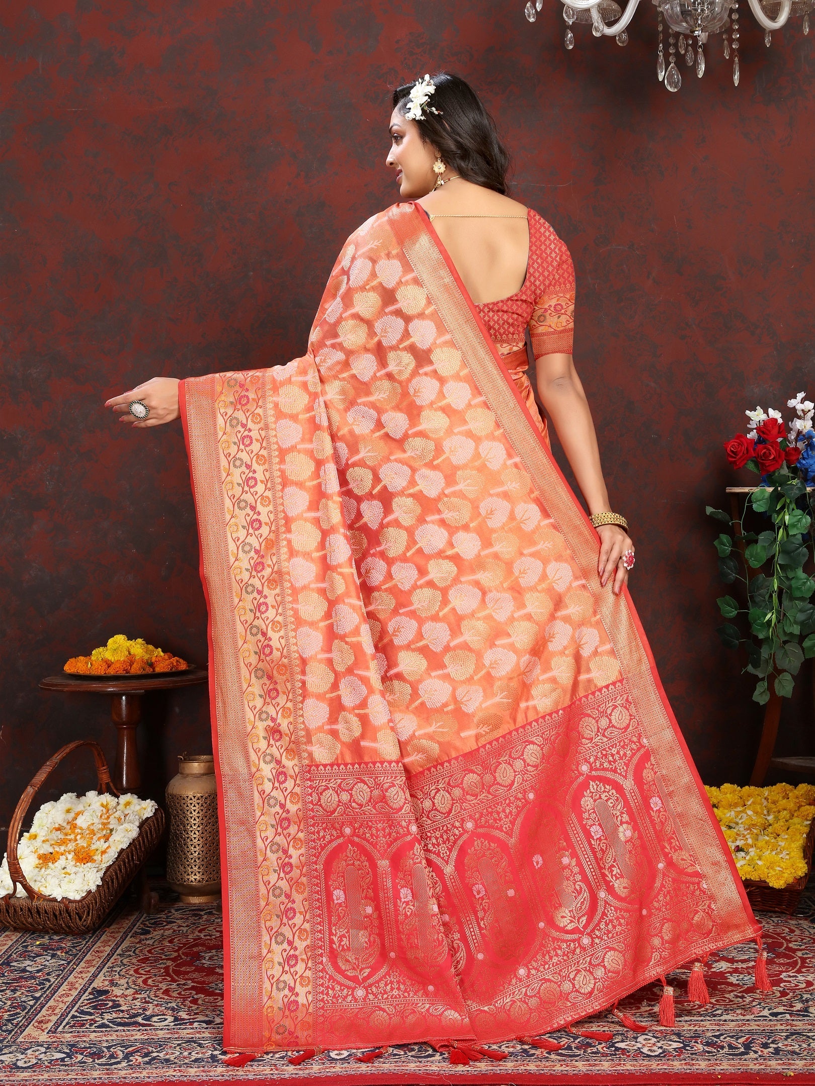Vedant Vastram Orange Color Kanjeevaram Organza Silk Saree - Orange
