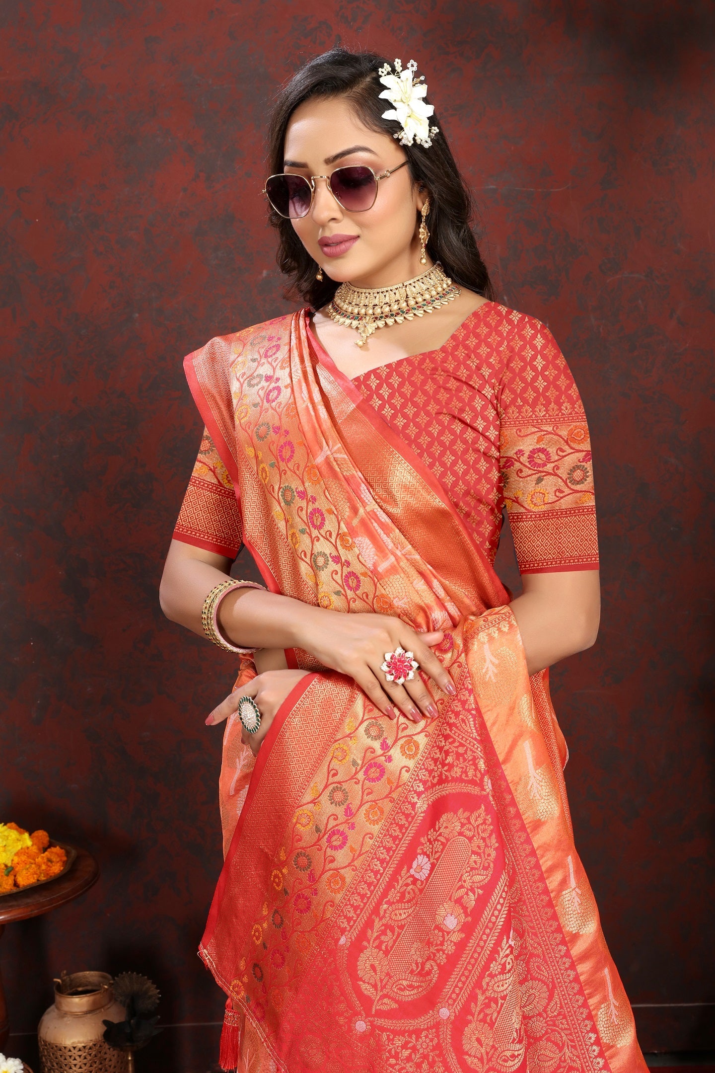 Vedant Vastram Orange Color Kanjeevaram Organza Silk Saree - Orange