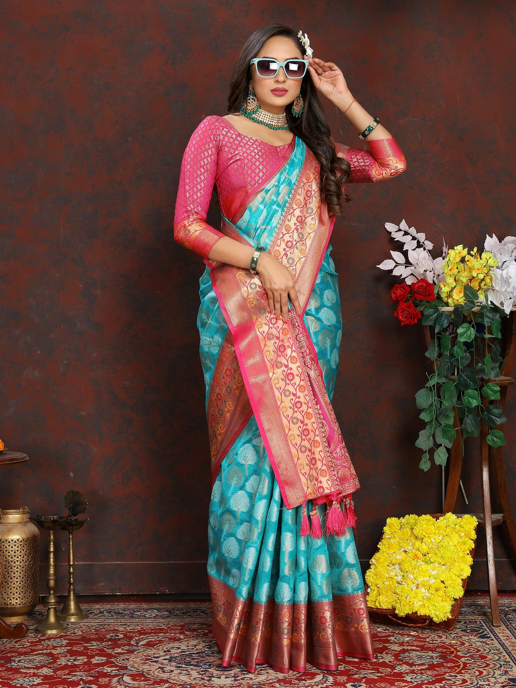 Vedant Vastram Turquoise Color Kanjeevaram Organza Silk Saree - Turquoise