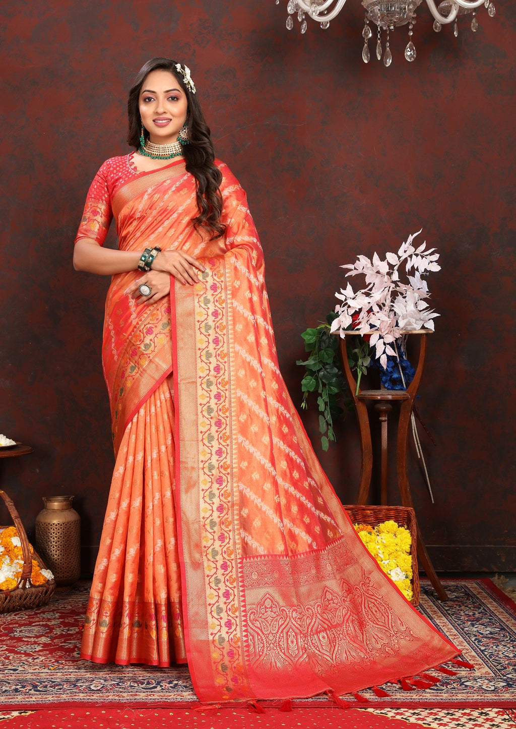 Vedant Vastram Orange Color Kanjeevaram Organza Silk Saree - Orange
