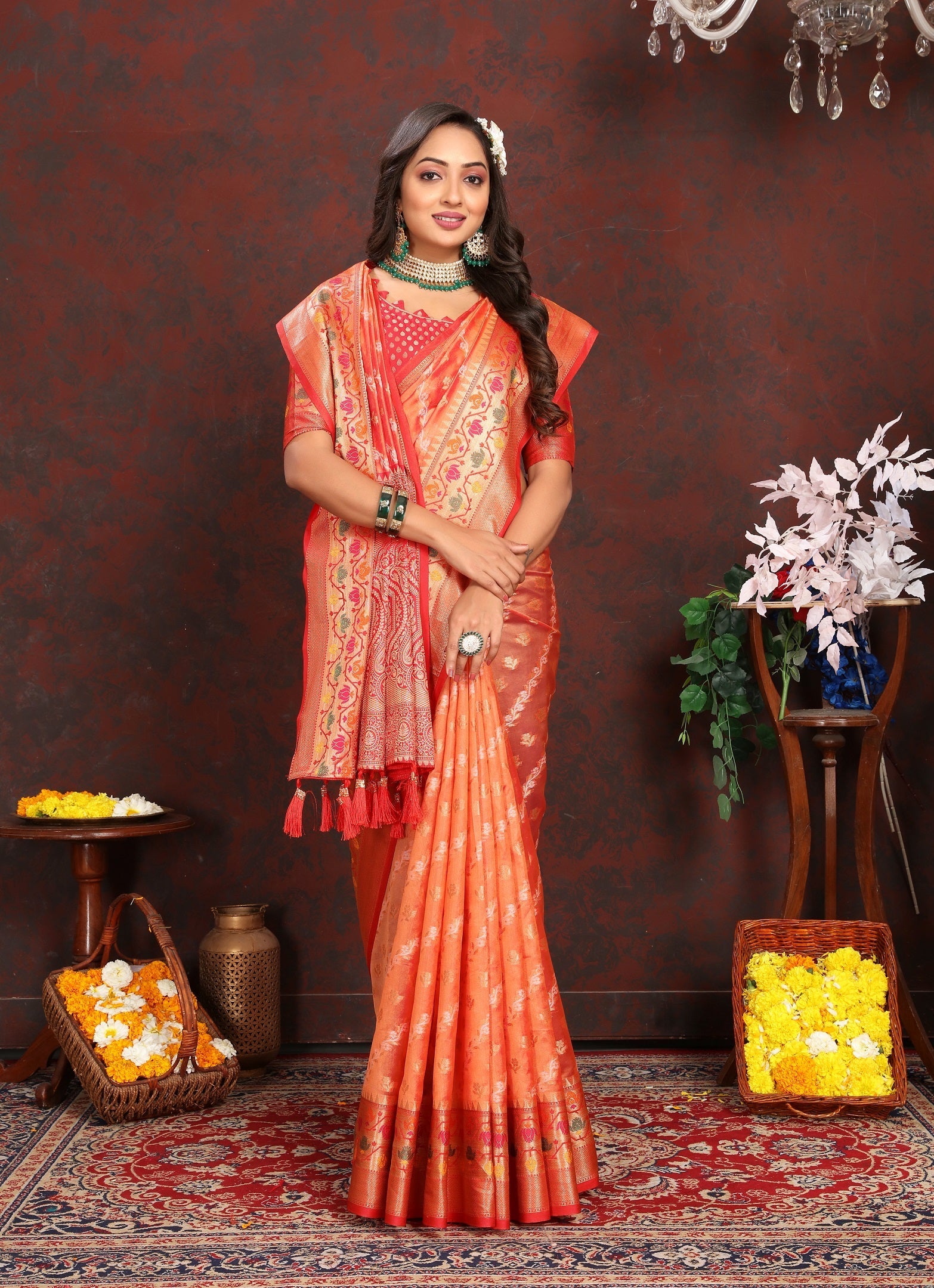 Vedant Vastram Orange Color Kanjeevaram Organza Silk Saree - Orange