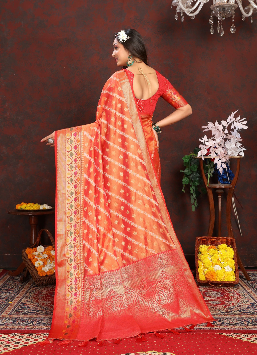 Vedant Vastram Orange Color Kanjeevaram Organza Silk Saree - Orange