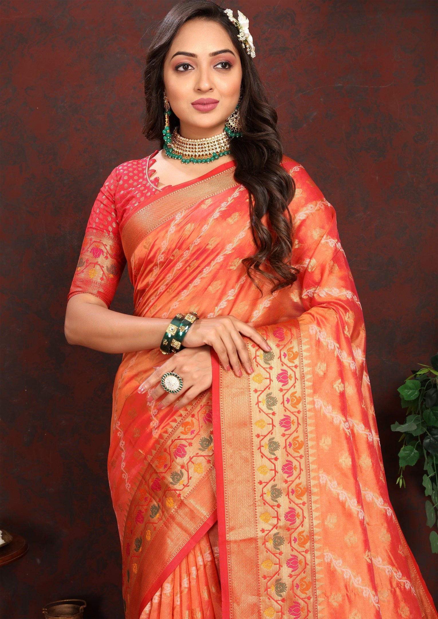 Vedant Vastram Orange Color Kanjeevaram Organza Silk Saree - Orange