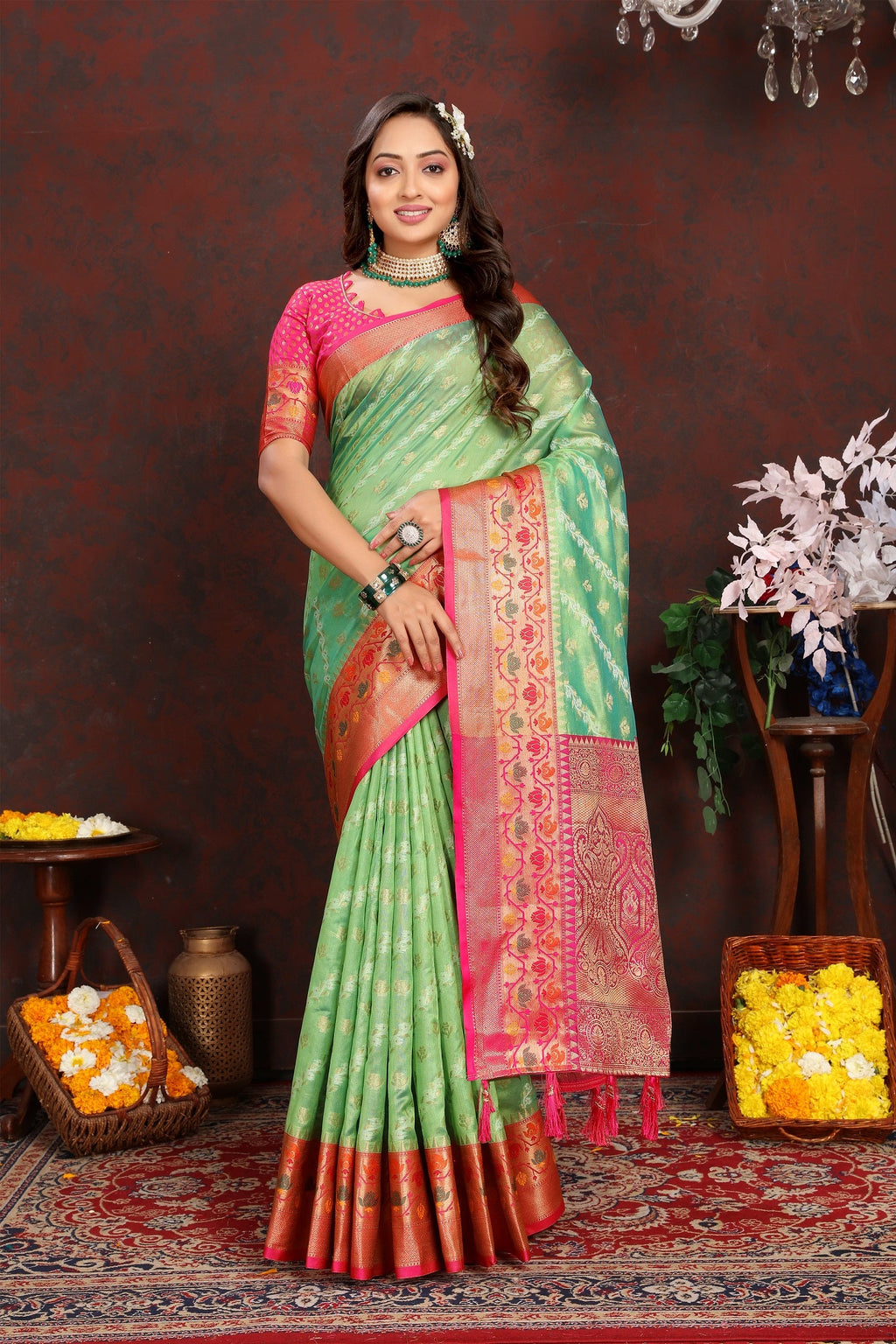 Vedant Vastram Parrot Color Kanjeevaram Organza Silk Saree - Parrot