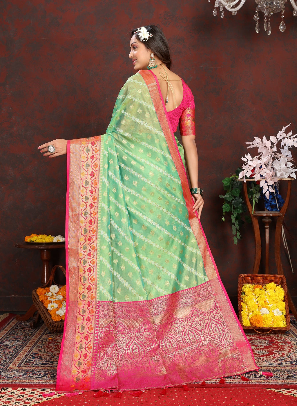 Vedant Vastram Parrot Color Kanjeevaram Organza Silk Saree - Parrot