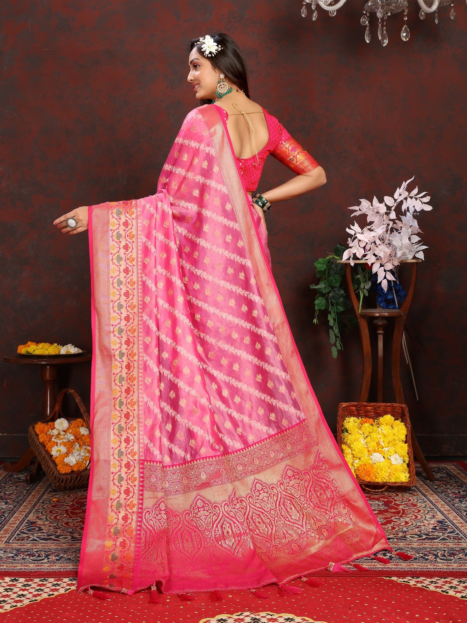 Vedant Vastram Pink Color Kanjeevaram Organza Silk Saree - Pink