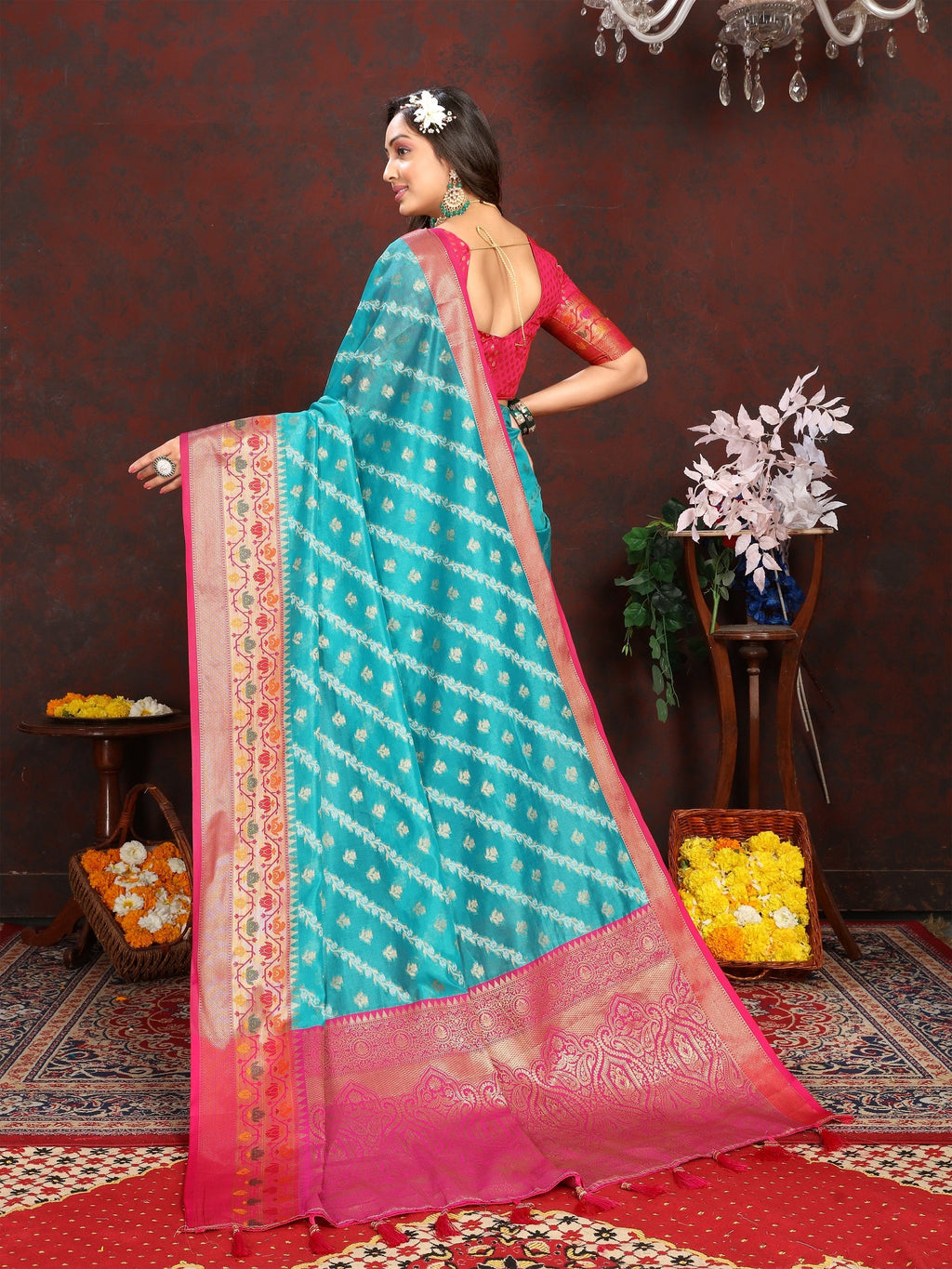 Vedant Vastram Rama Color Kanjeevaram Organza Silk Saree - Rama