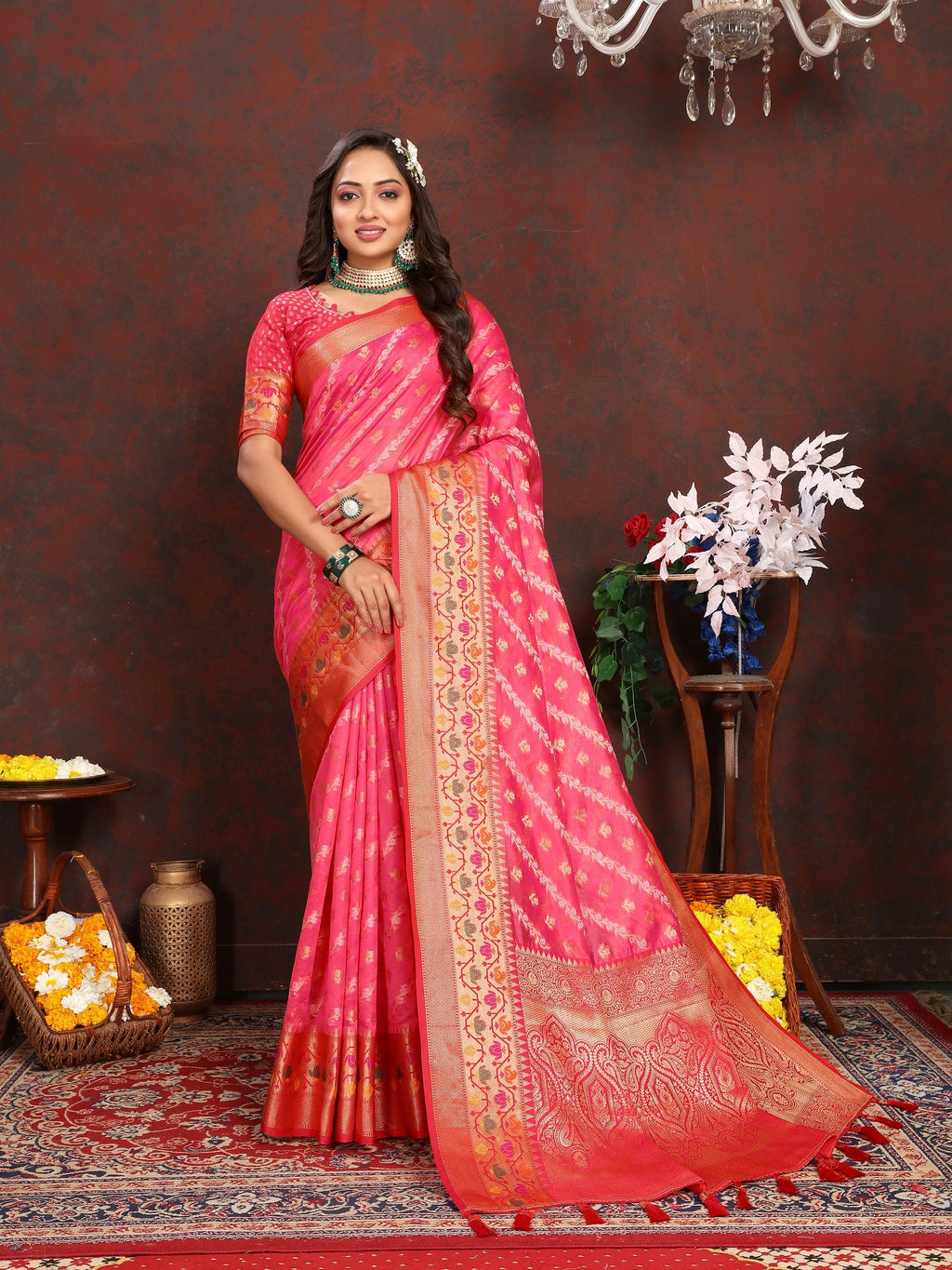 Vedant Vastram Tomato Color Kanjeevaram Organza Silk Saree - Tomato