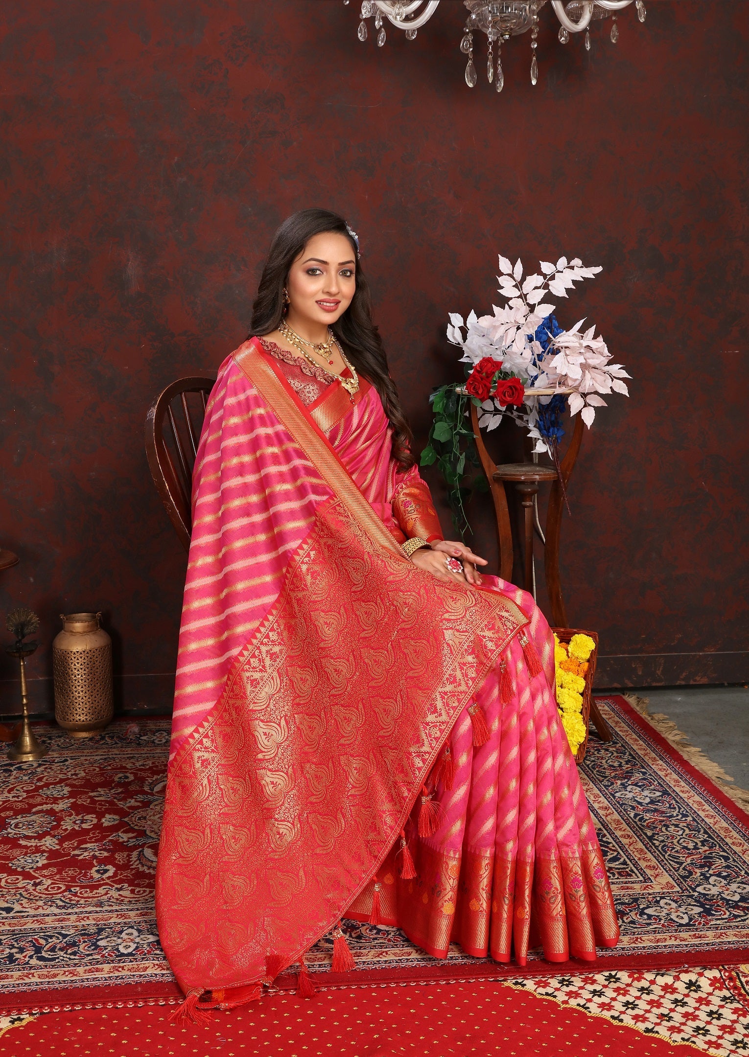 Vedant Vastram Tomato Color Kanjeevaram Organza Silk Saree - Tomato