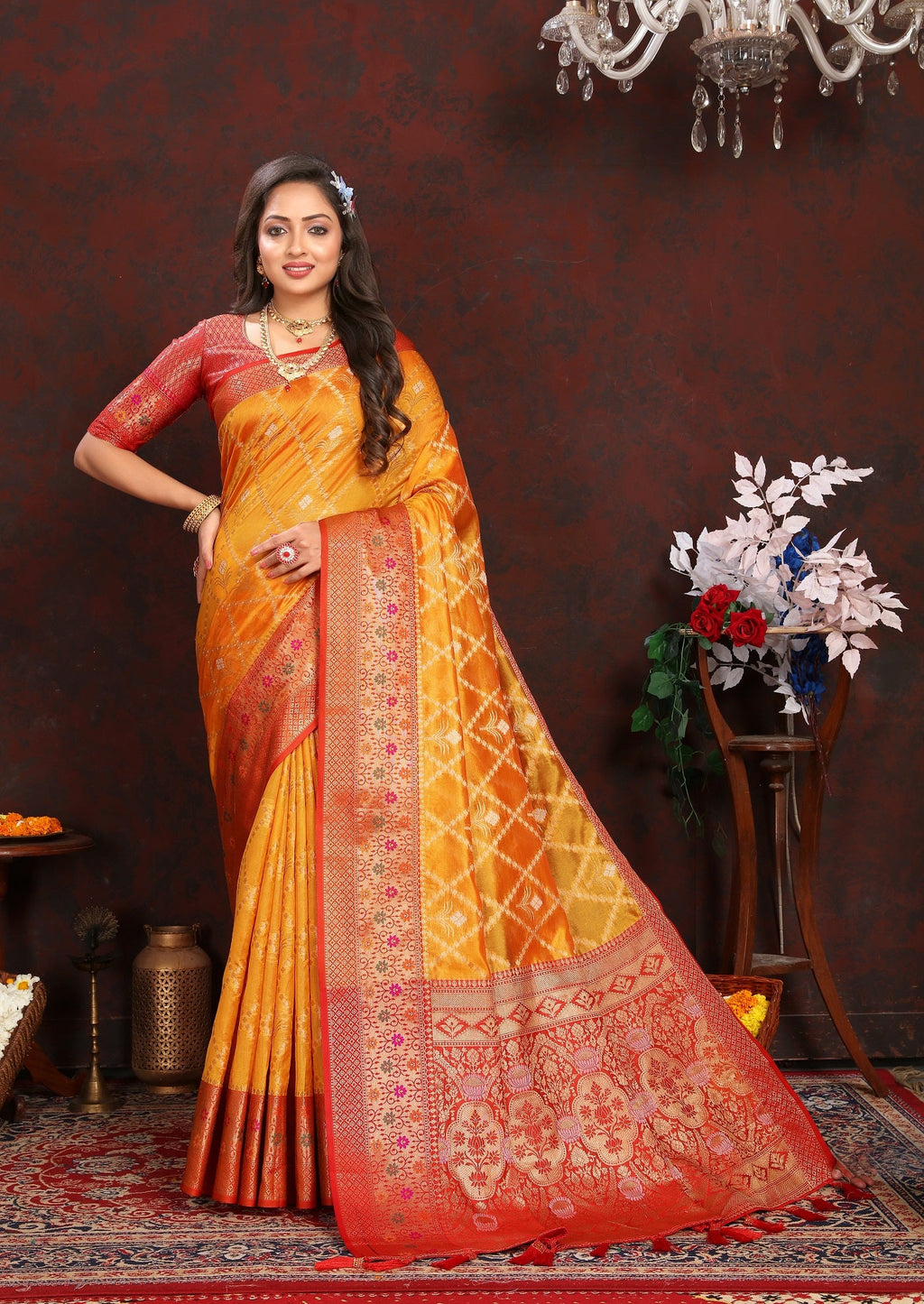 Vedant Vastram Mustard Color Kanjeevaram Organza Silk Saree - Mustard