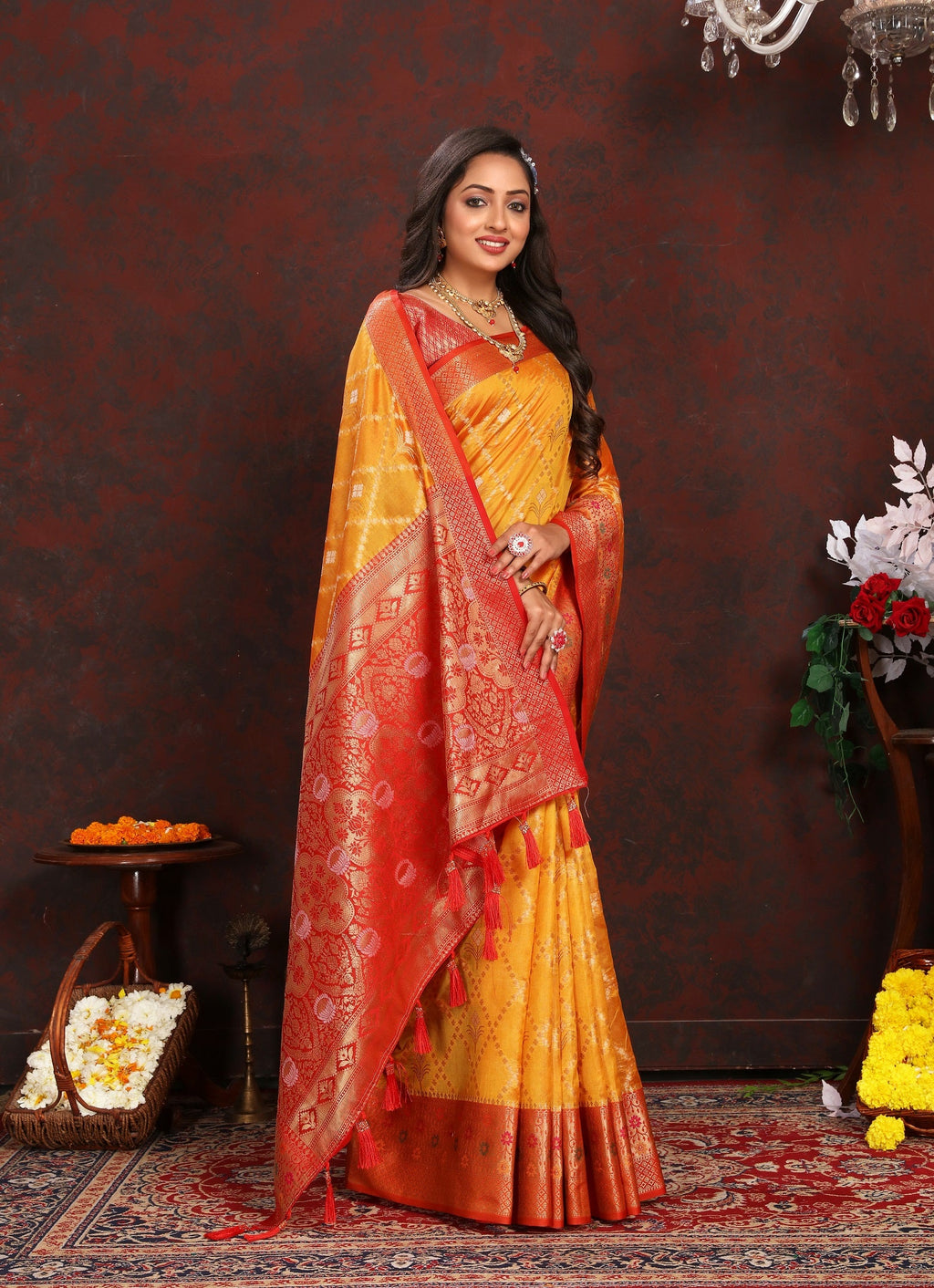 Vedant Vastram Mustard Color Kanjeevaram Organza Silk Saree - Mustard
