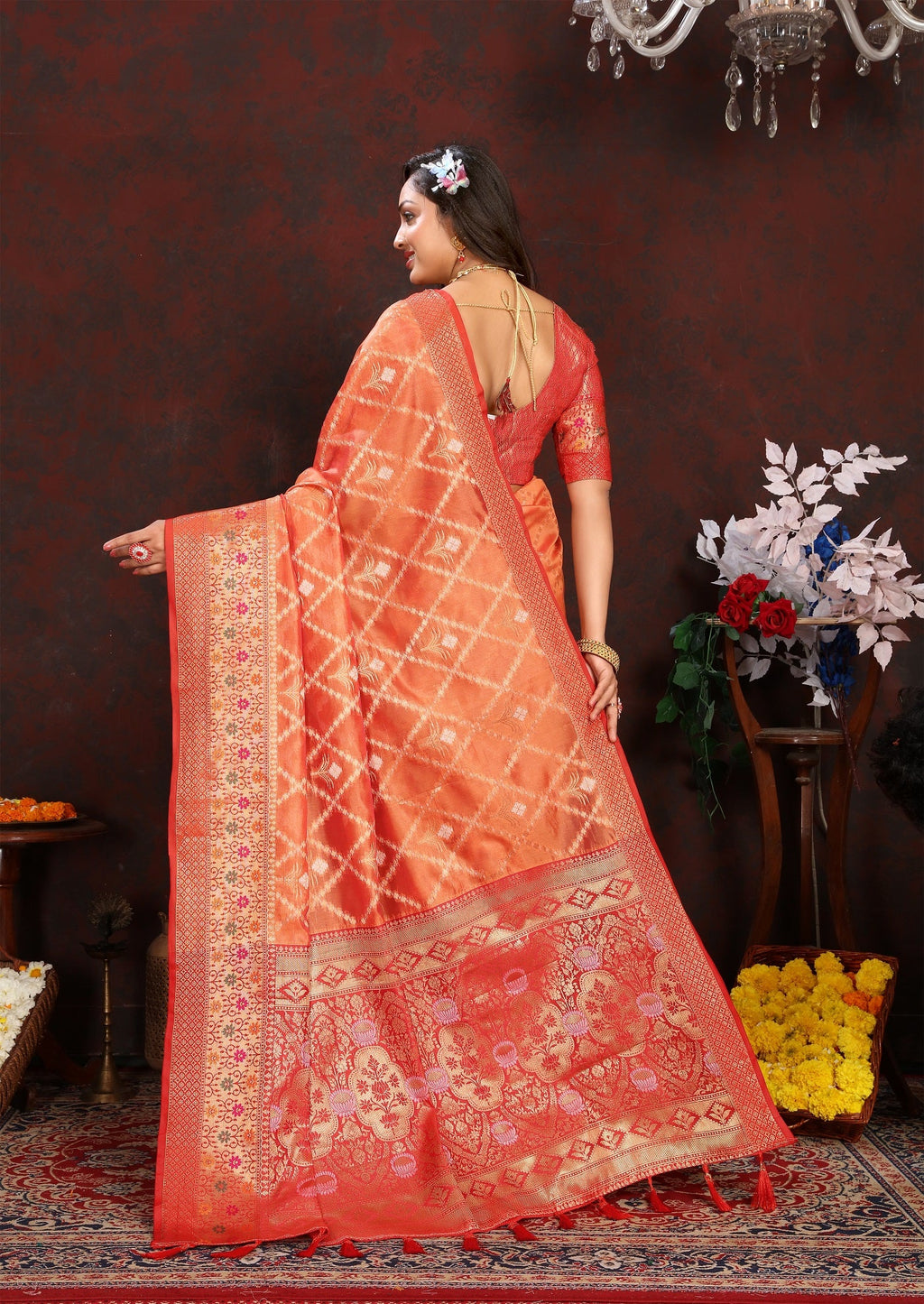 Vedant Vastram Peach Color Kanjeevaram Organza Silk Saree - Peach