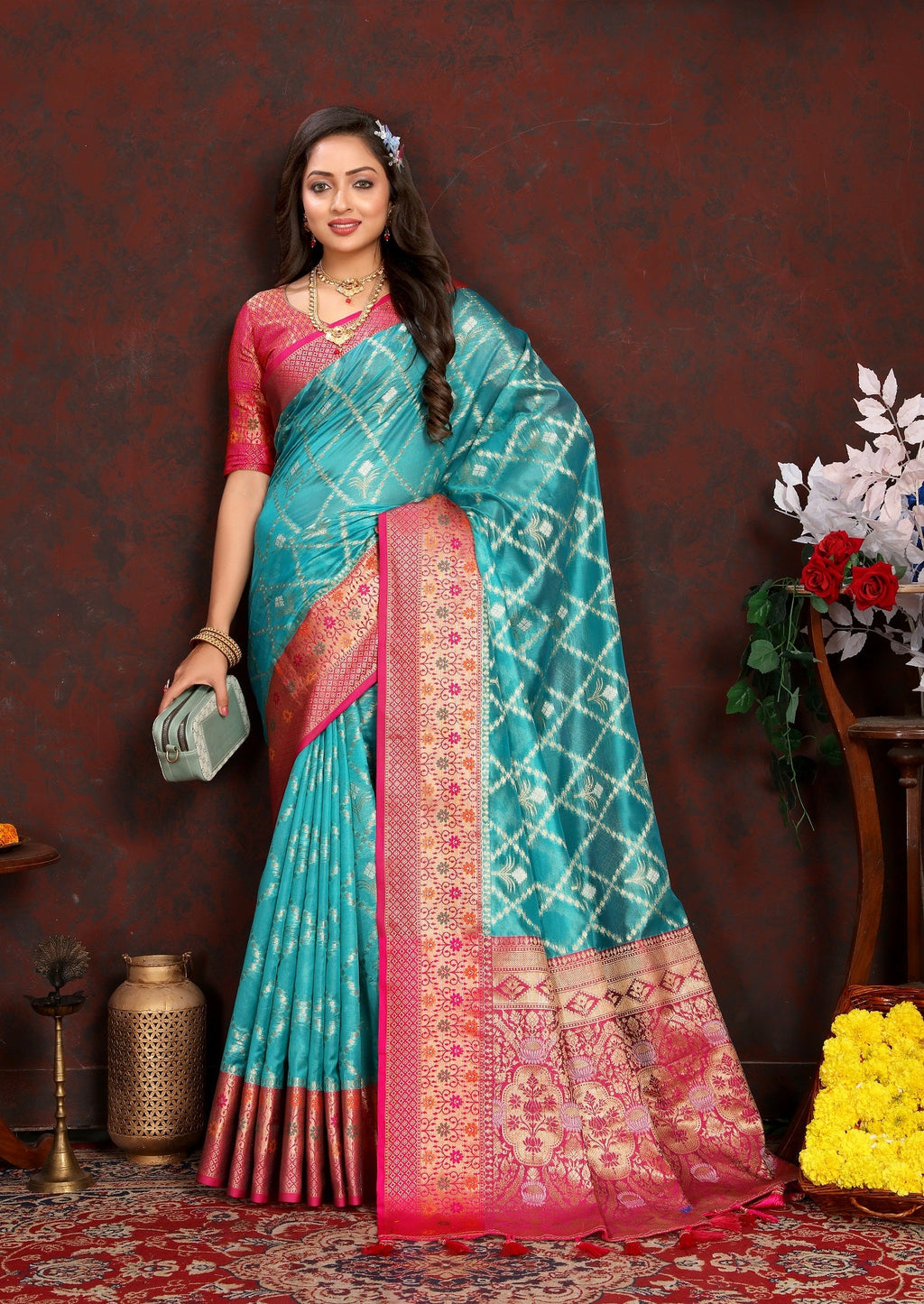 Vedant Vastram Rama Color Kanjeevaram Organza Silk Saree - Rama