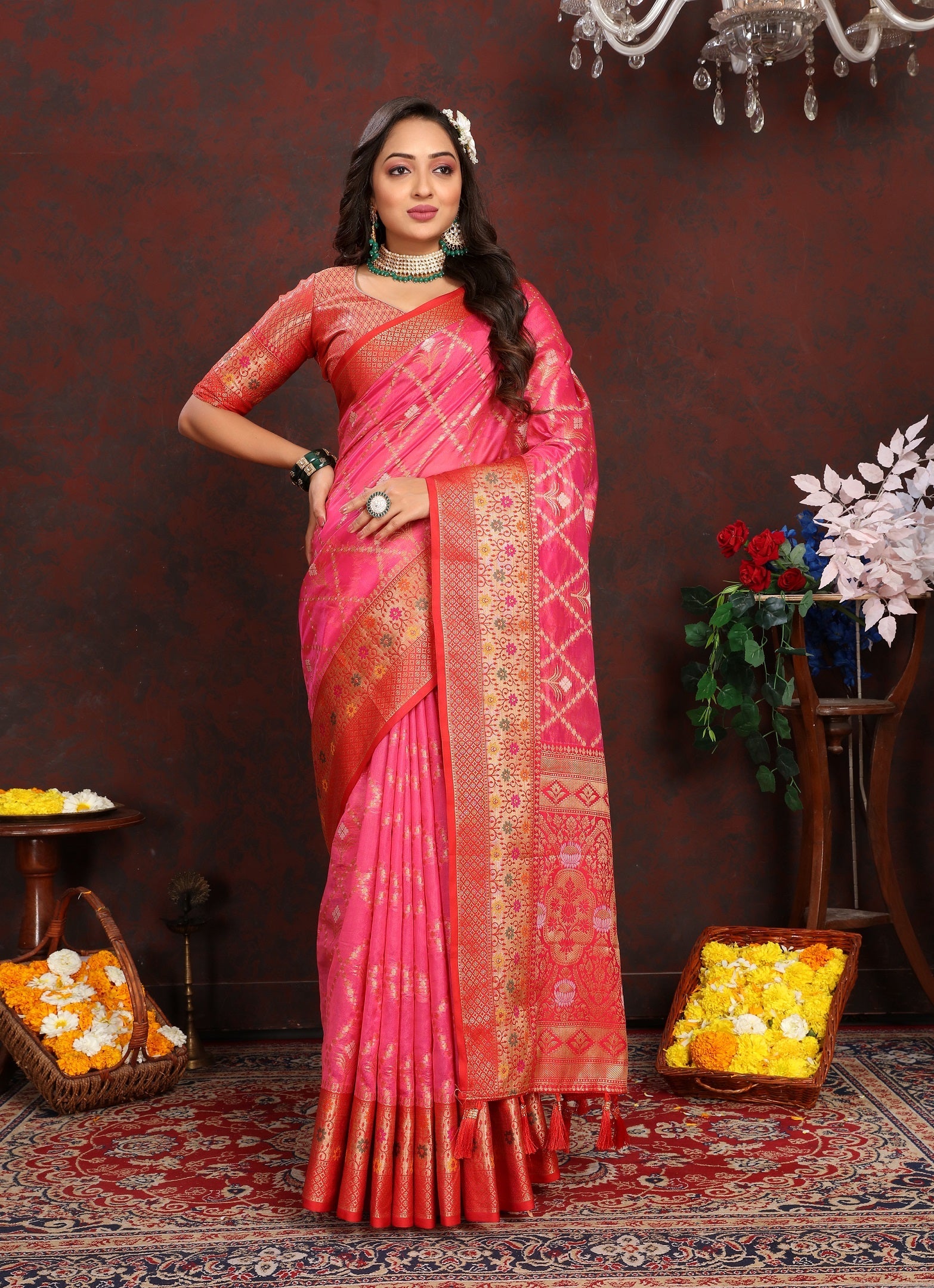 Vedant Vastram Tomato Color Kanjeevaram Organza Silk Saree - Tomato
