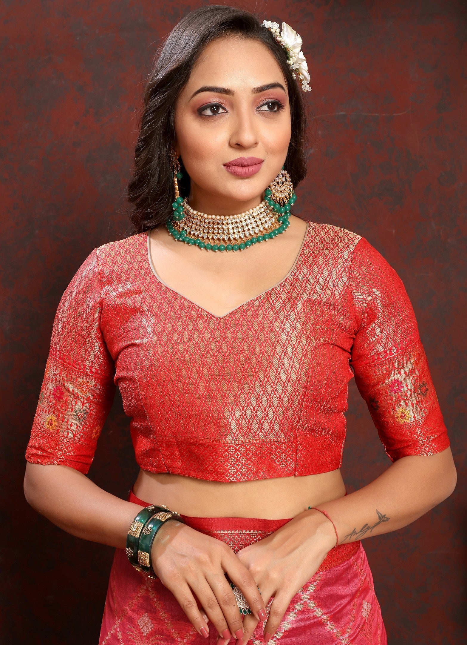 Vedant Vastram Tomato Color Kanjeevaram Organza Silk Saree - Tomato