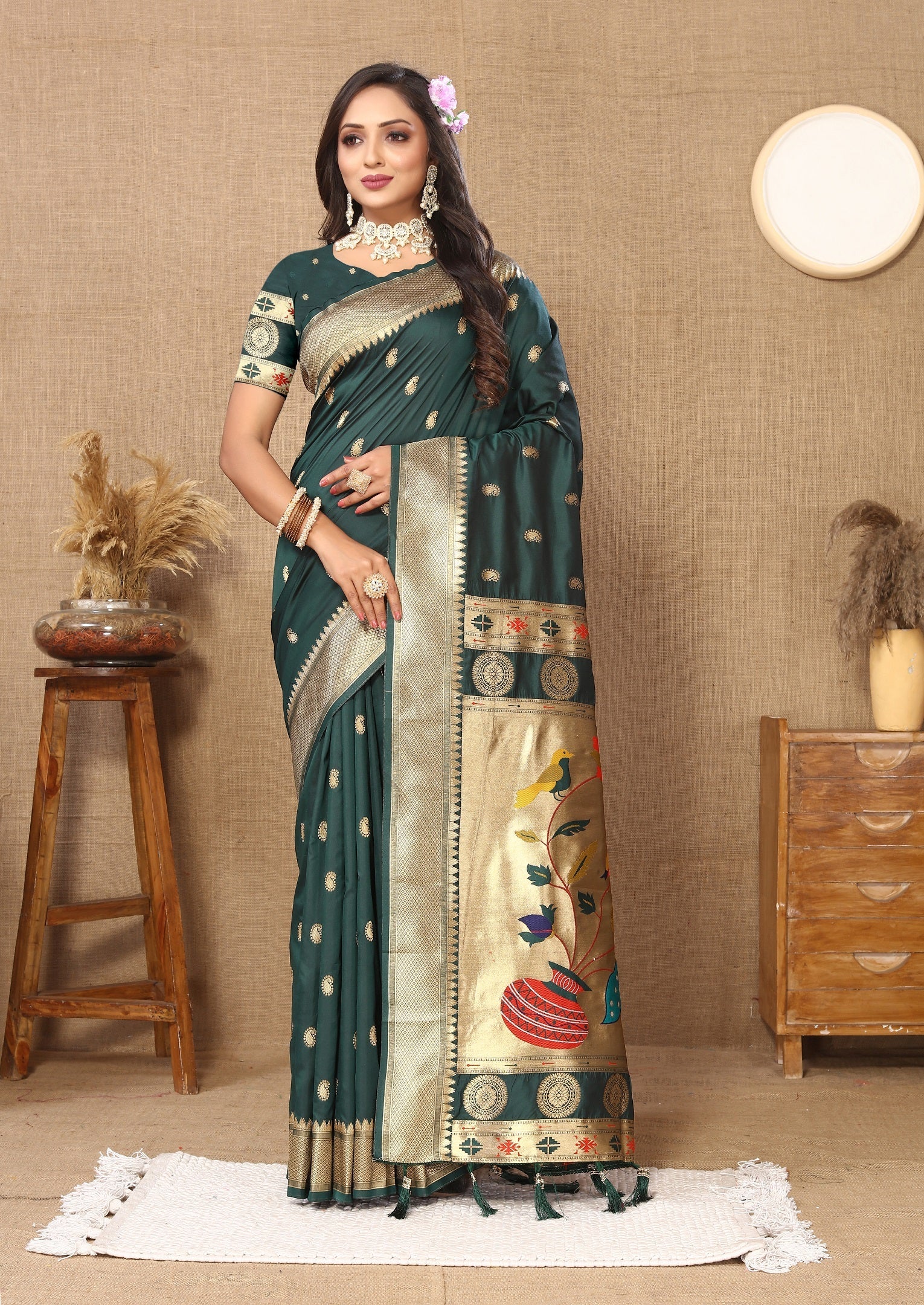 Vedant Vastram Bottle Green Color Paithani Silk Saree - Bottle Green