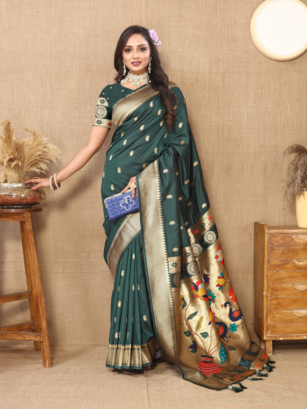 Vedant Vastram Bottle Green Color Paithani Silk Saree - Bottle Green