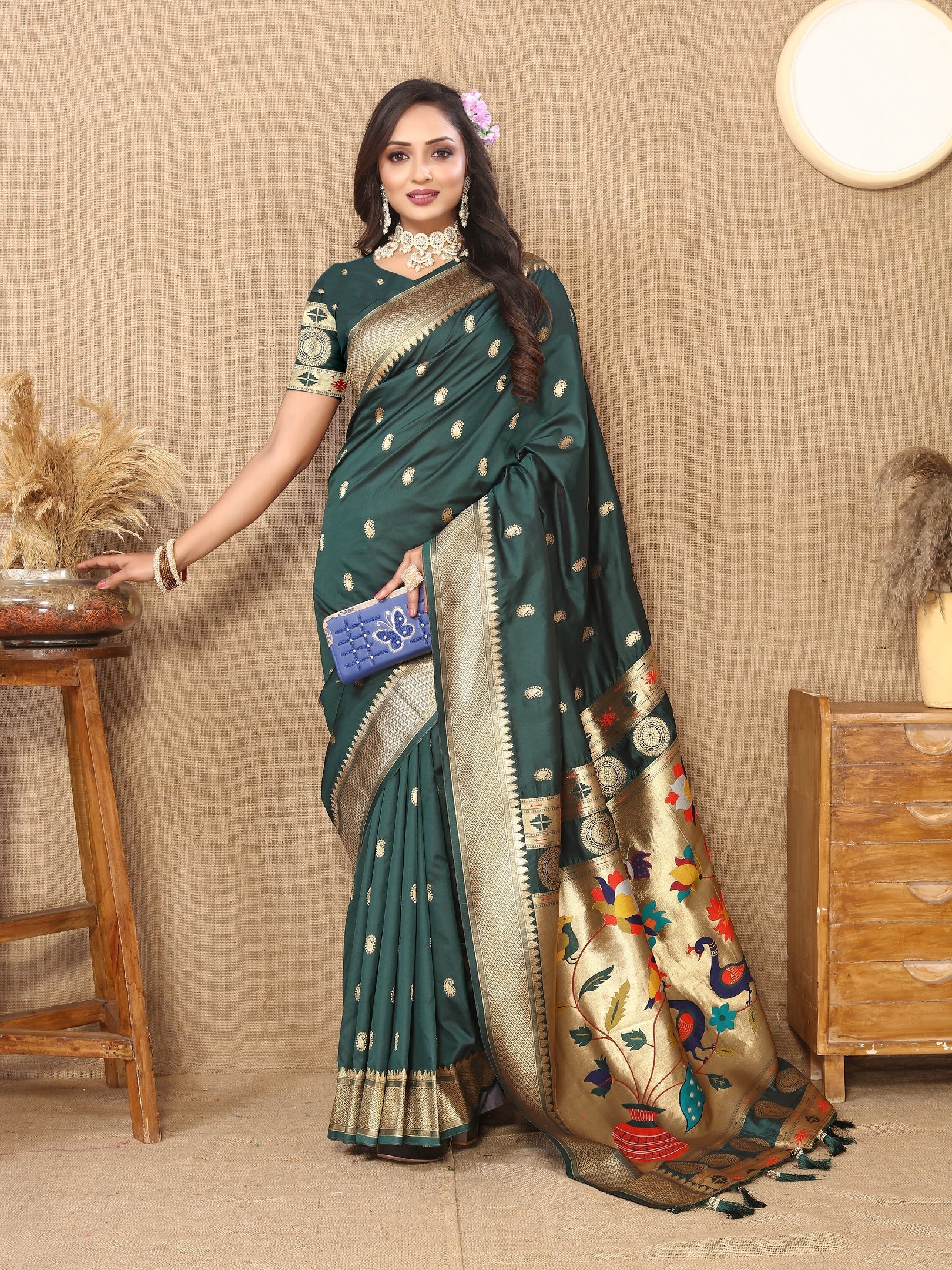 Vedant Vastram Bottle Green Color Paithani Silk Saree - Bottle Green