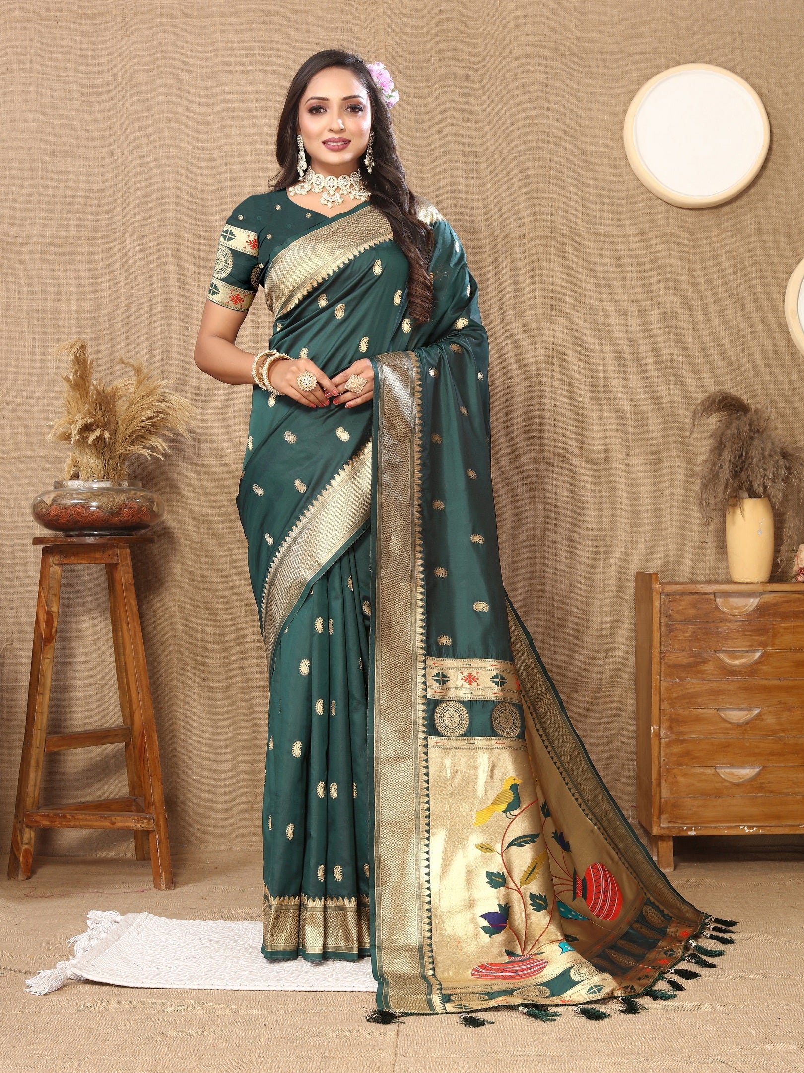 Vedant Vastram Bottle Green Color Paithani Silk Saree - Bottle Green
