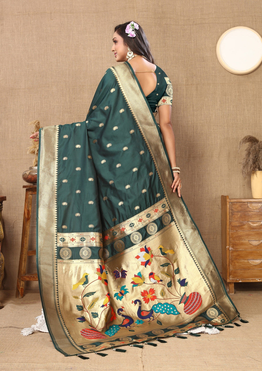 Vedant Vastram Bottle Green Color Paithani Silk Saree - Bottle Green