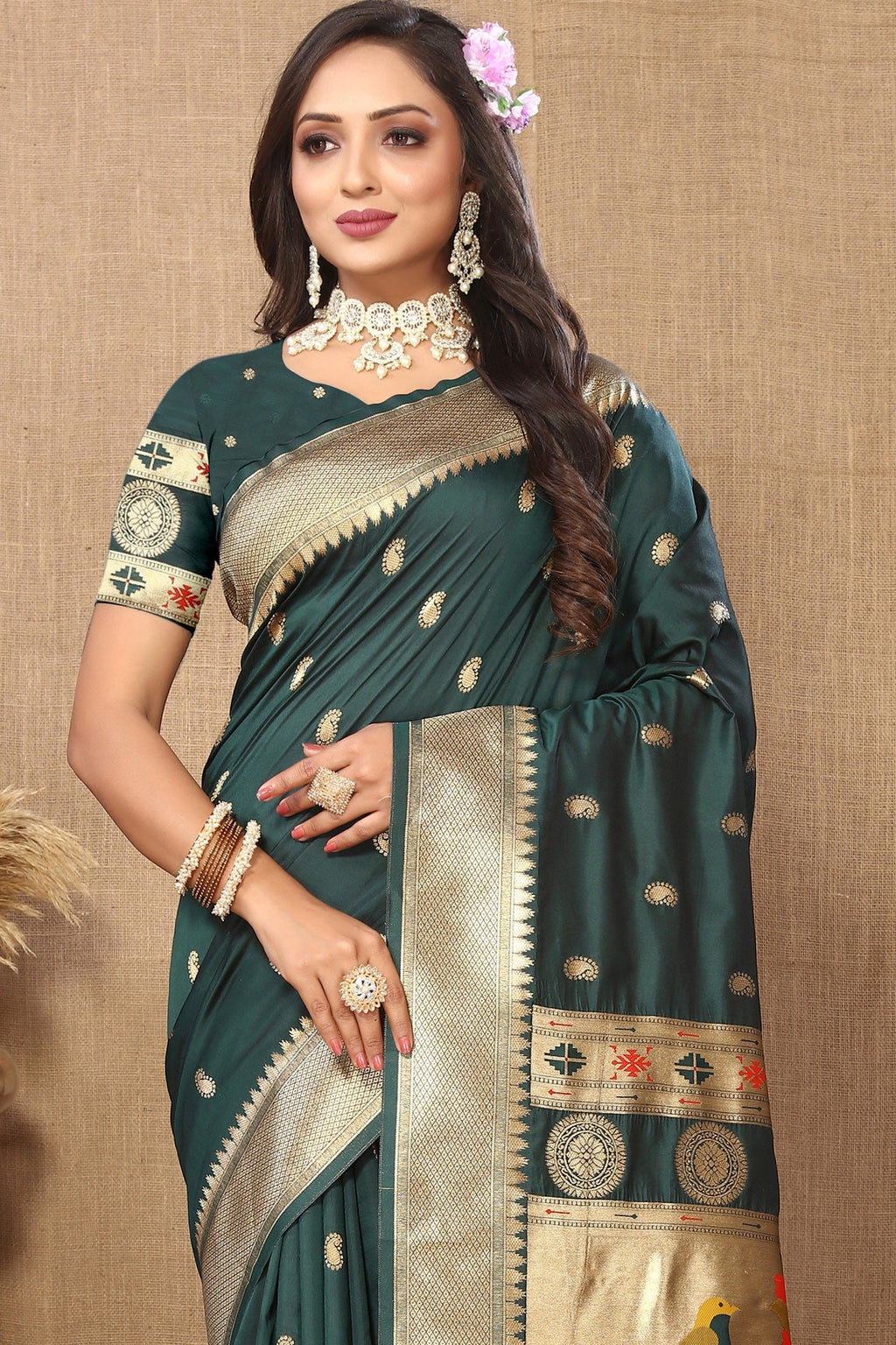 Vedant Vastram Bottle Green Color Paithani Silk Saree - Bottle Green