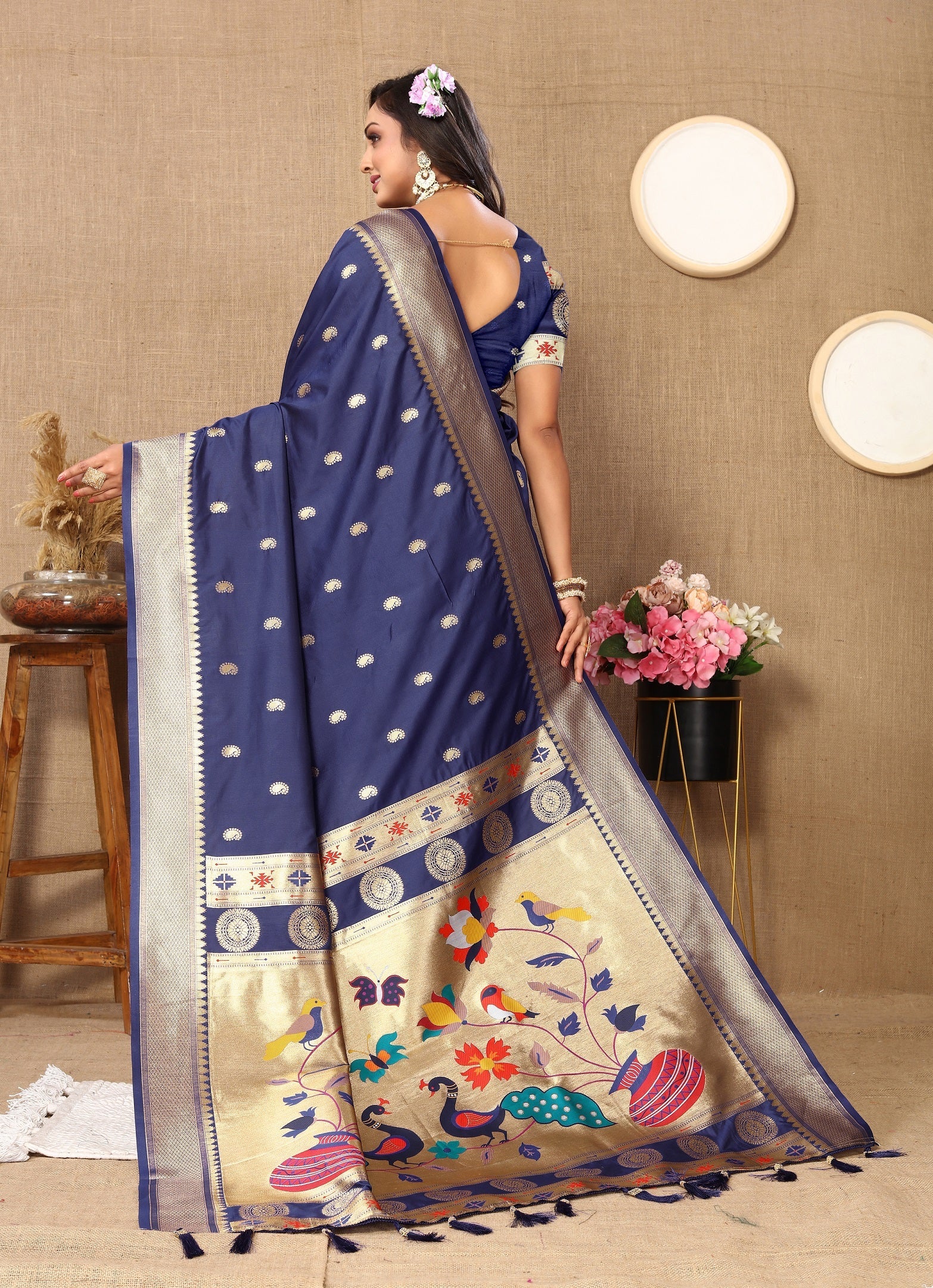 Vedant Vastram Navy Blue Color Paithani Silk Saree - Navy Blue